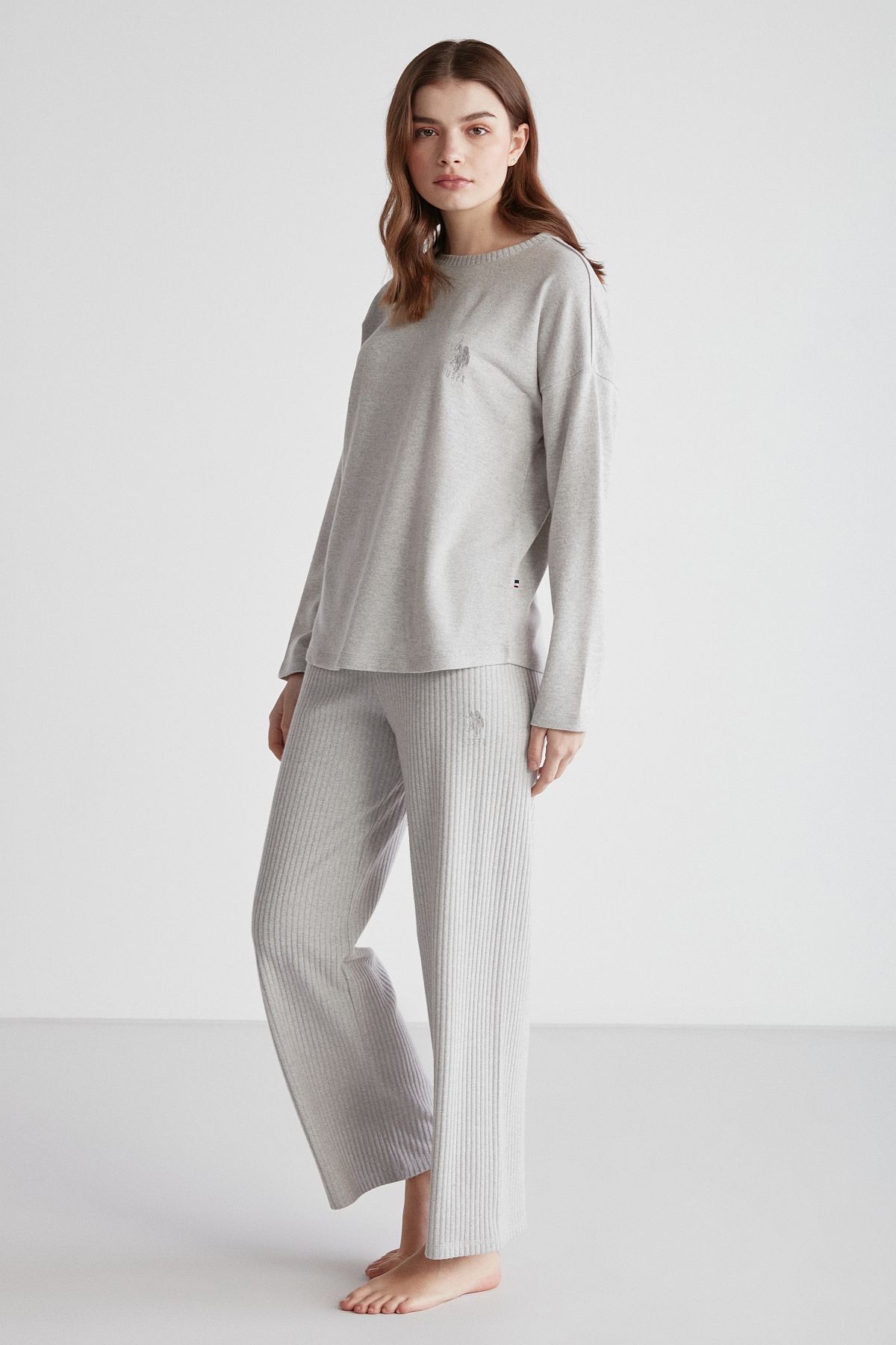 U.s Polo Assn. 16954 Kadın Gri Melanj Yuvarlak Yaka Uzun Kollu Pijama Takımı -Grimelanj