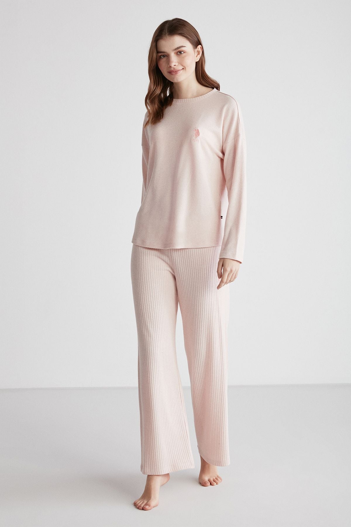 U.s Polo Assn. 16954 Kadın Pembe Melanj Yuvarlak Yaka Uzun Kollu Pijama Takımı -Pembemelanj