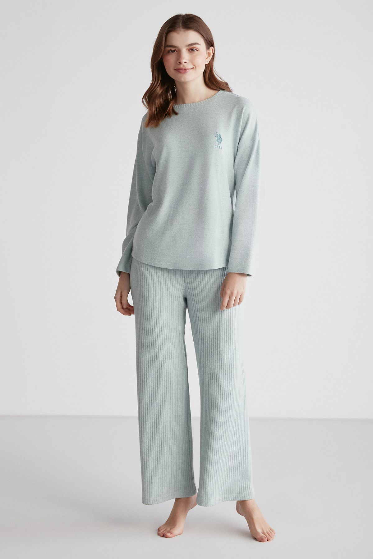 U.s Polo Assn. 16954 Kadın Yeşil Melanj Yuvarlak Yaka Uzun Kollu Pijama Takımı -Yeşilmelanj