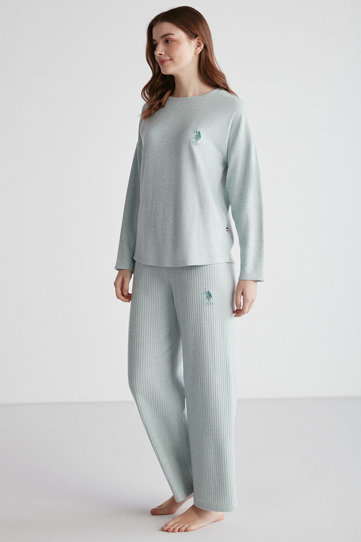 U.s Polo Assn. 16954 Kadın Yeşil Melanj Yuvarlak Yaka Uzun Kollu Pijama Takımı -Yeşilmelanj