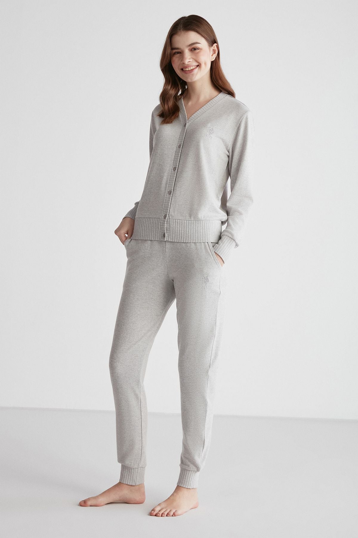 U.s Polo Assn. 16956 Kadın Gri Melanj Patlı Uzun Kollu Pijama Takımı -Grimelanj