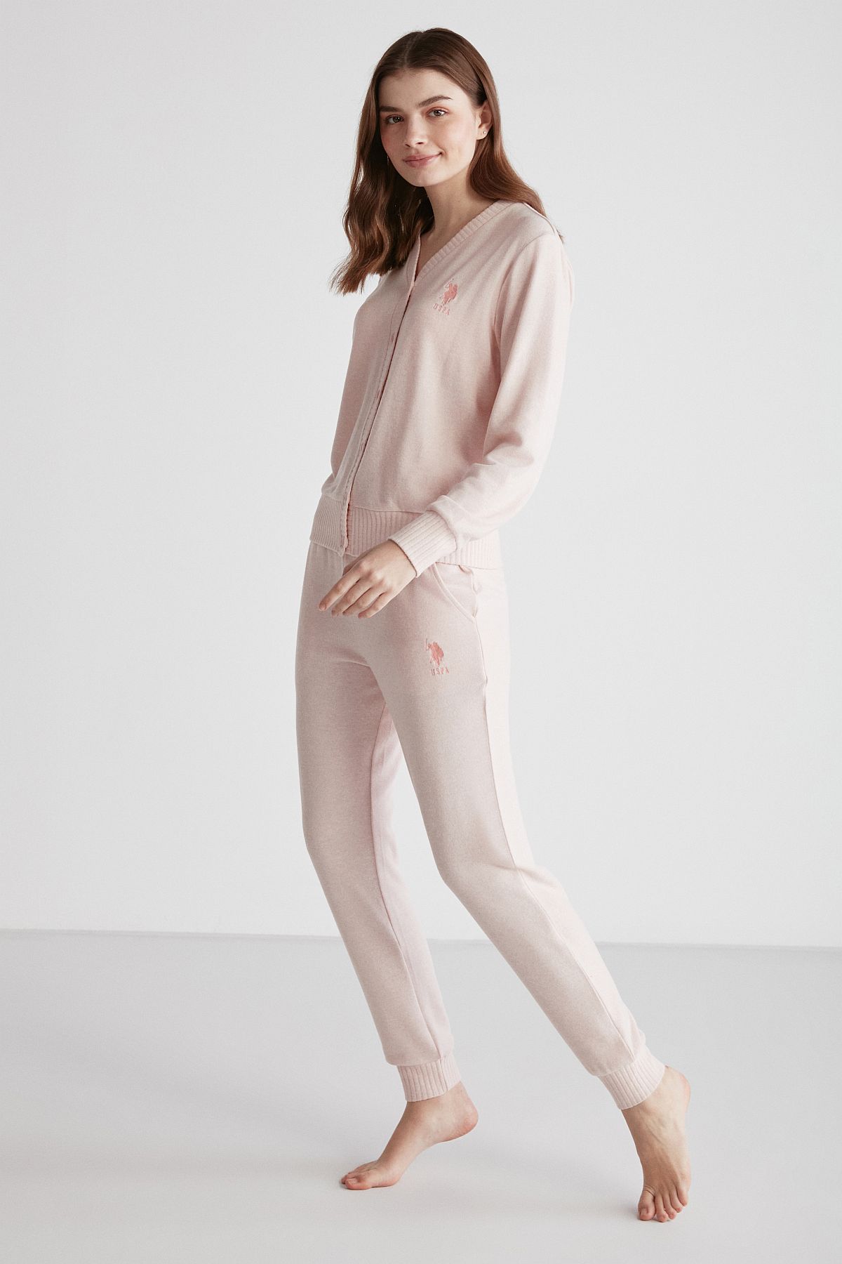 U.s Polo Assn. 16956 Kadın Pembe Melanj Patlı Uzun Kollu Pijama Takımı -Pembemelanj