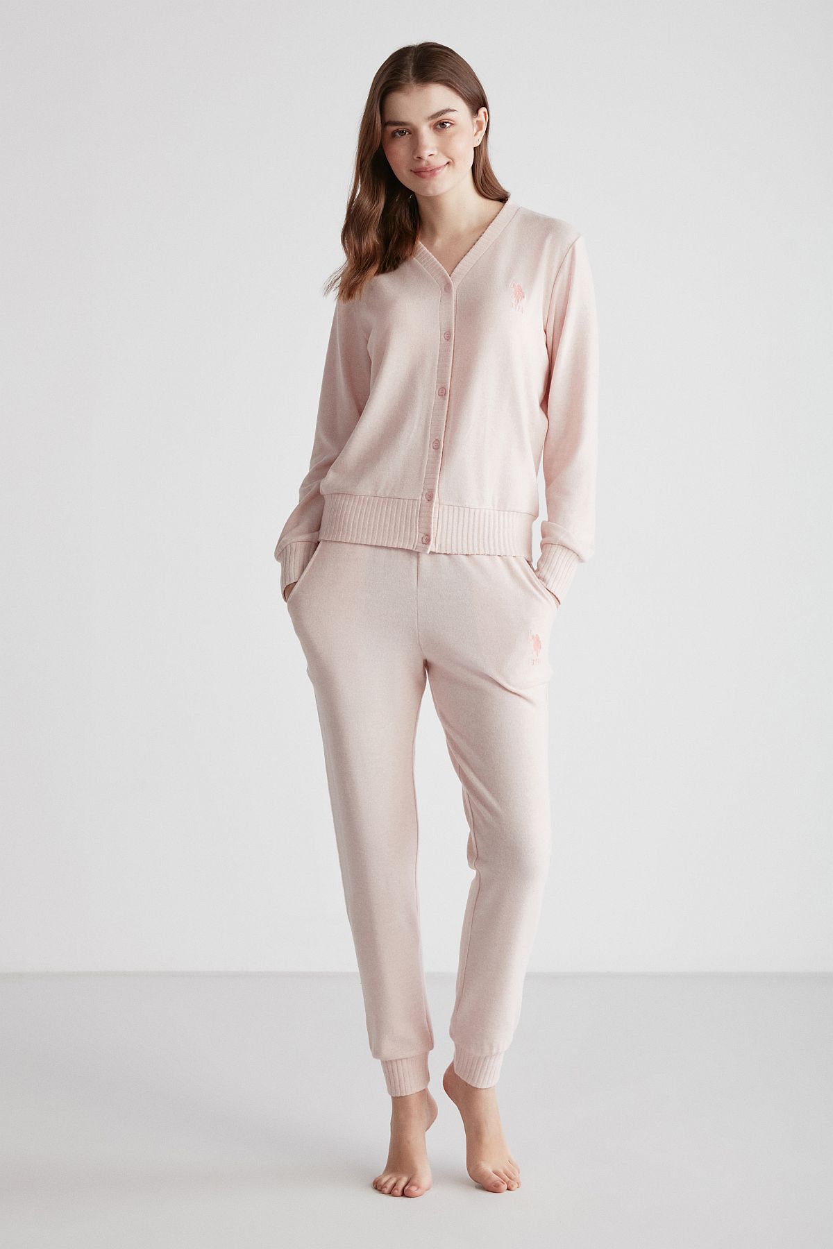 U.s Polo Assn. 16956 Kadın Pembe Melanj Patlı Uzun Kollu Pijama Takımı -Pembemelanj