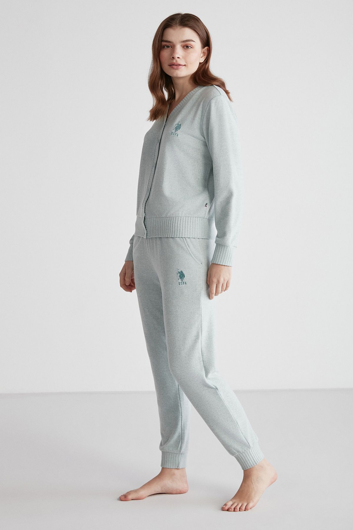 U.s Polo Assn. 16956 Kadın Yeşil Melanj Patlı Uzun Kollu Pijama Takımı -Yeşilmelanj