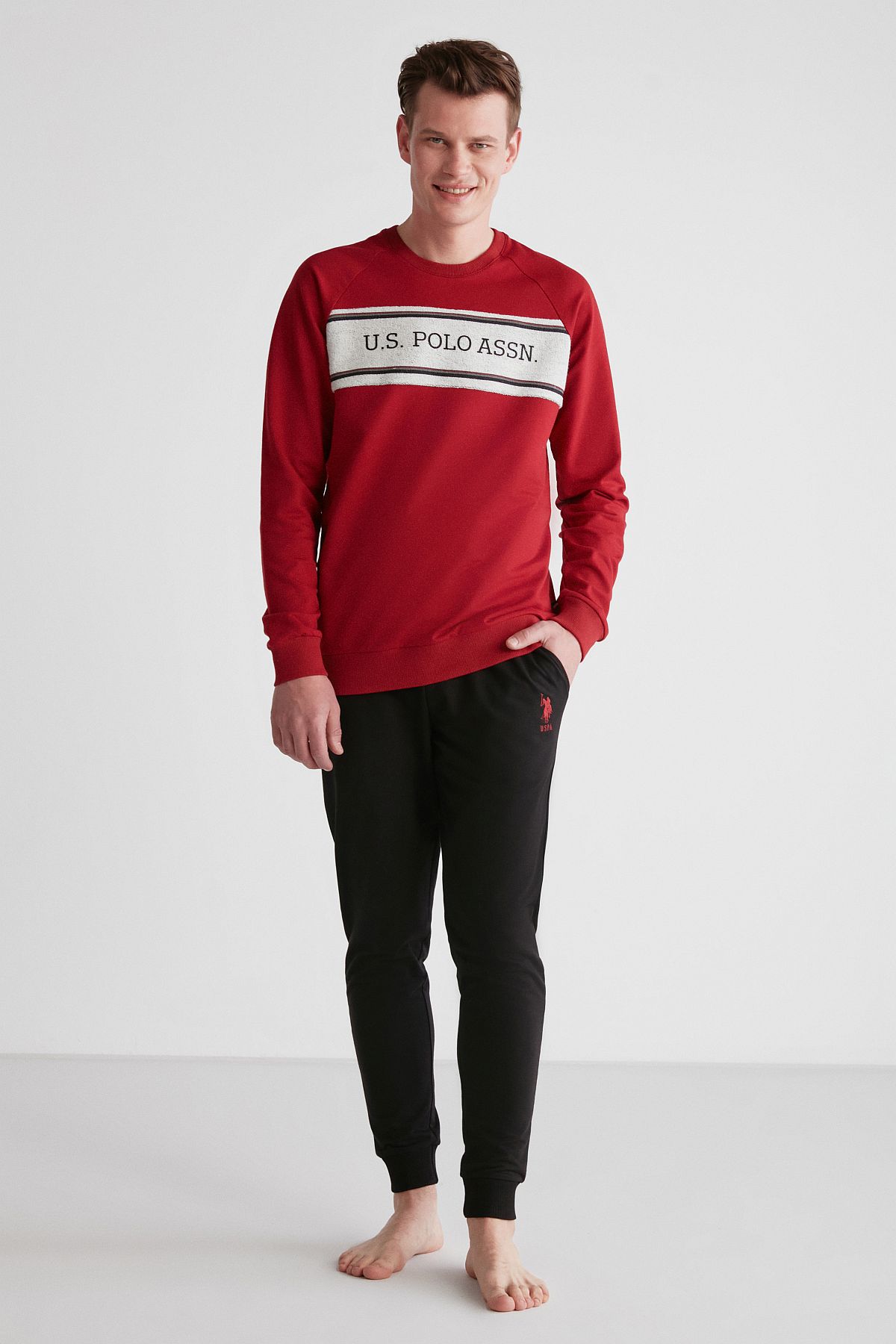 U.s Polo Assn. 18717 Erkek Bordo Yuvarlak Yaka Uzun Kollu Pijama Takımı -Bordo