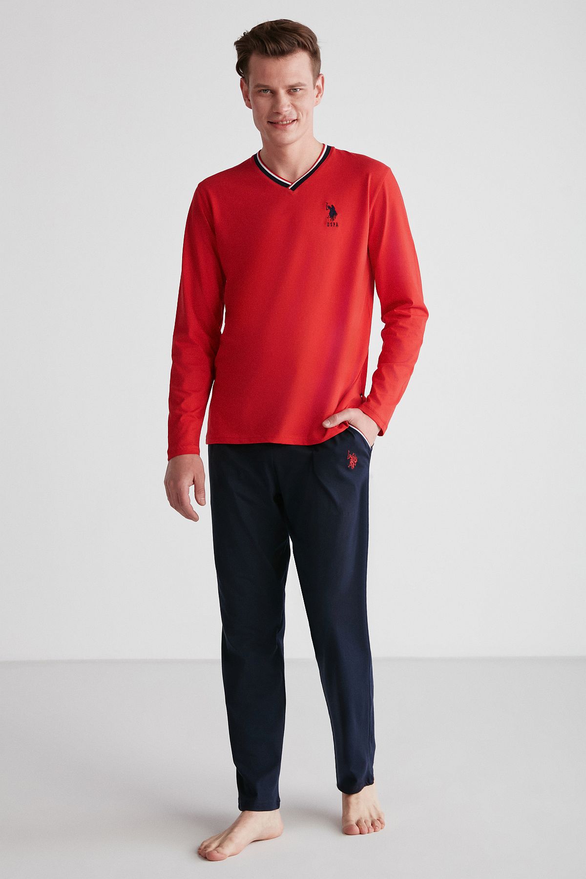 U.s Polo Assn. 18752 Erkek Kırmızı V Yaka Uzun Kollu Pijama Takımı -Kırmızı