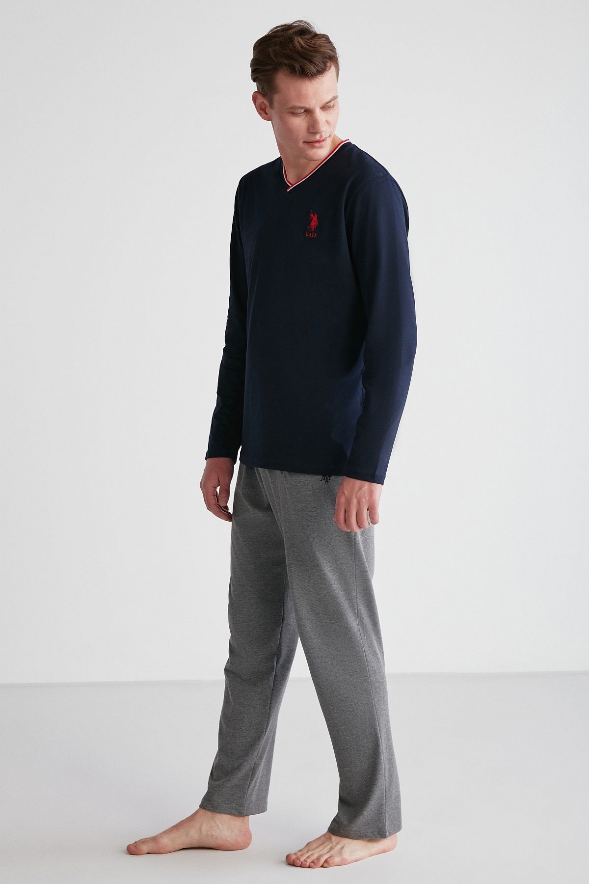 U.s Polo Assn. 18752 Erkek Lacivert V Yaka Uzun Kollu Pijama Takımı -Lacivert