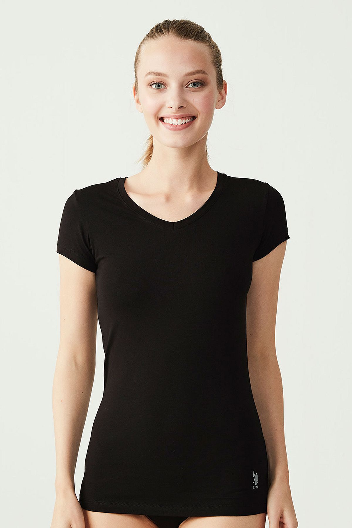 U.s Polo Assn. 66004 Kadın Modal Kısa Kollu V Yaka T-Shirt-Siyah