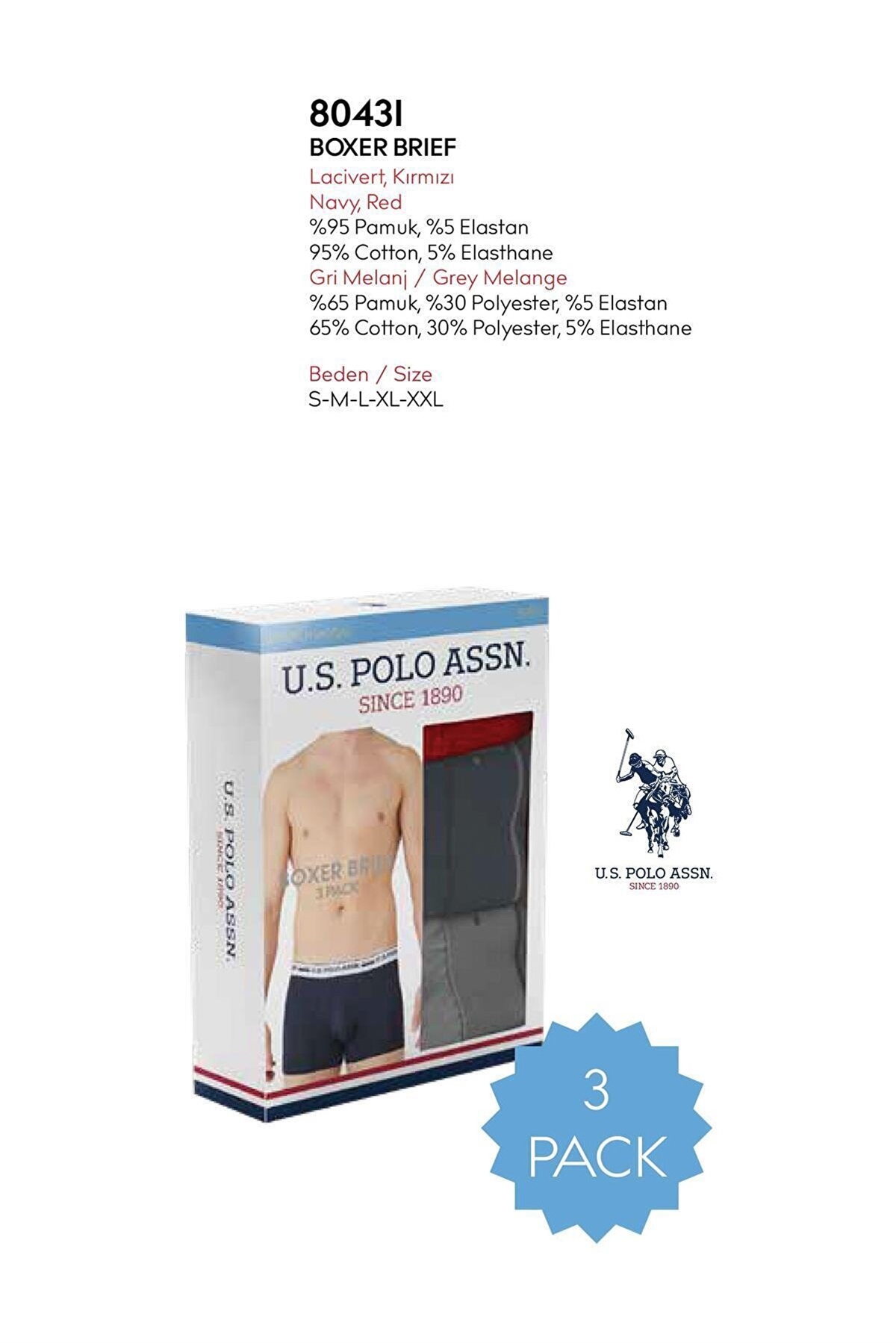 U.s Polo Assn. 80431 Erkek 3 Lü Boxer-Grimelanj&Kırmızı&Lacivert
