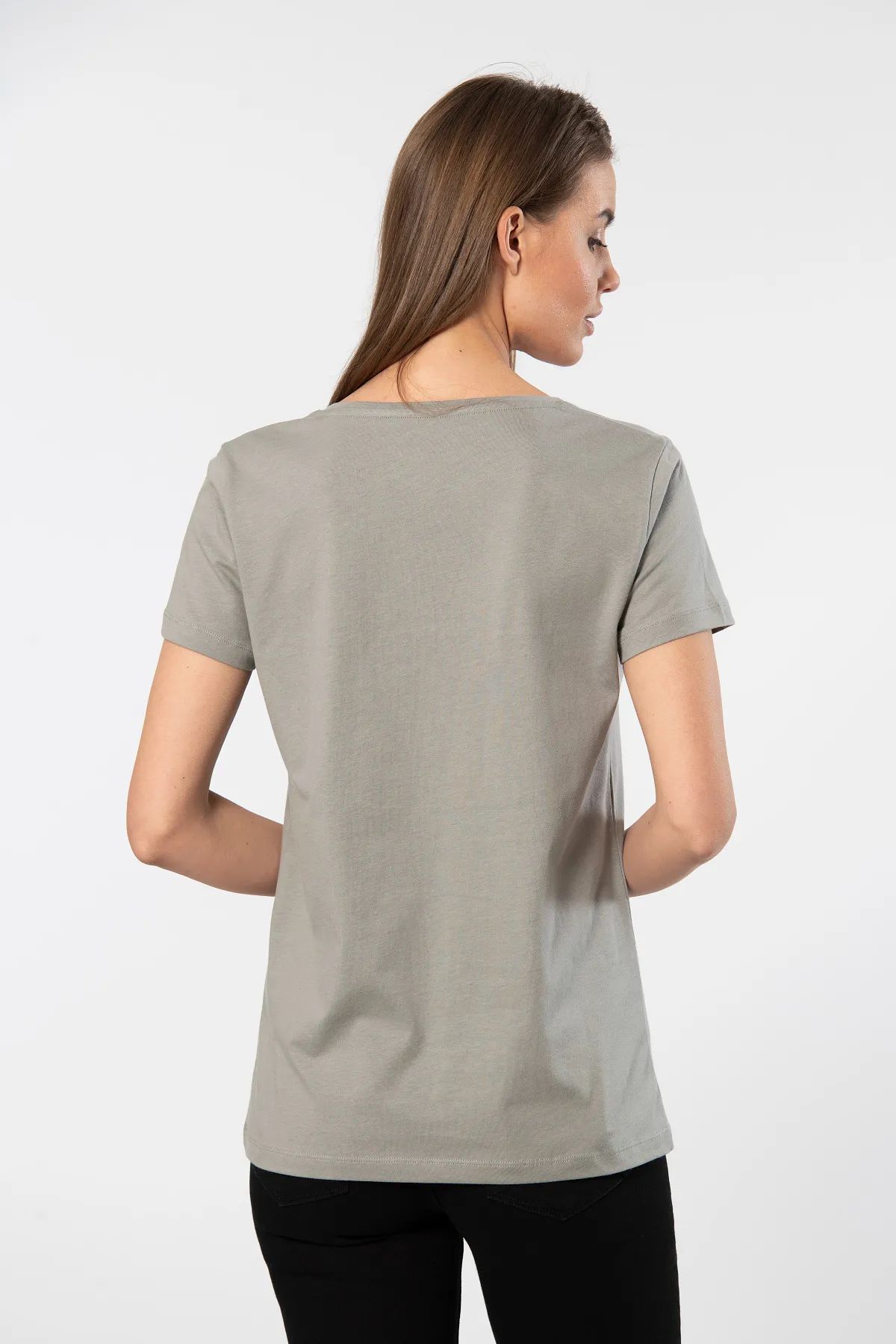 WTSHIRT MİLANO Kadın Kısa Kollu V Yaka Basic T-shirt-Gri