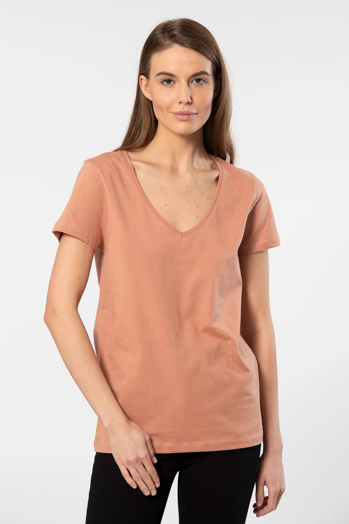 WTSHIRT MİLANO Kadın Kısa Kollu V Yaka Basic T-shirt-Somon