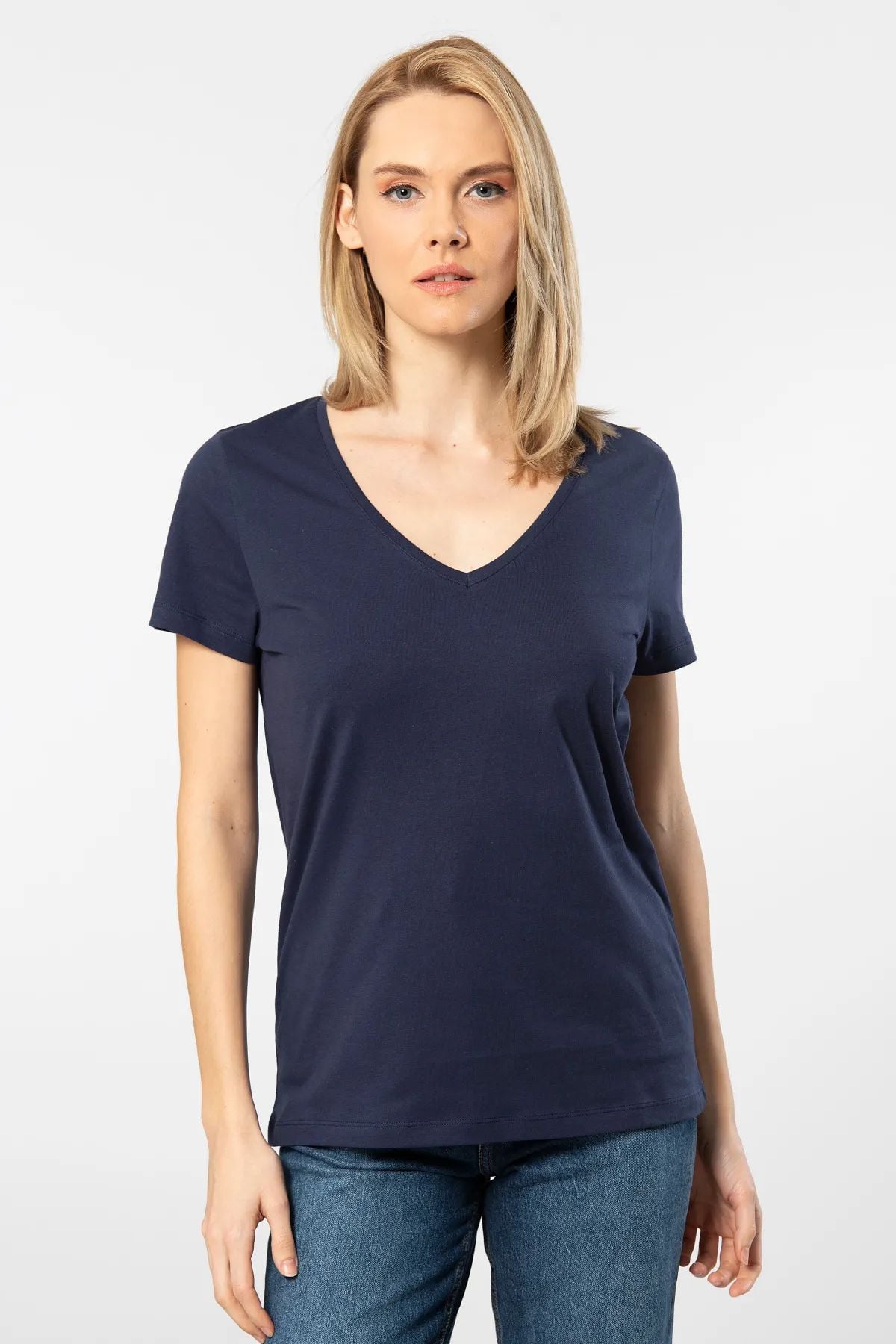 WTSHIRT MİLANO Kadın Kısa Kollu V Yaka Basic T-shirt-Lacivert