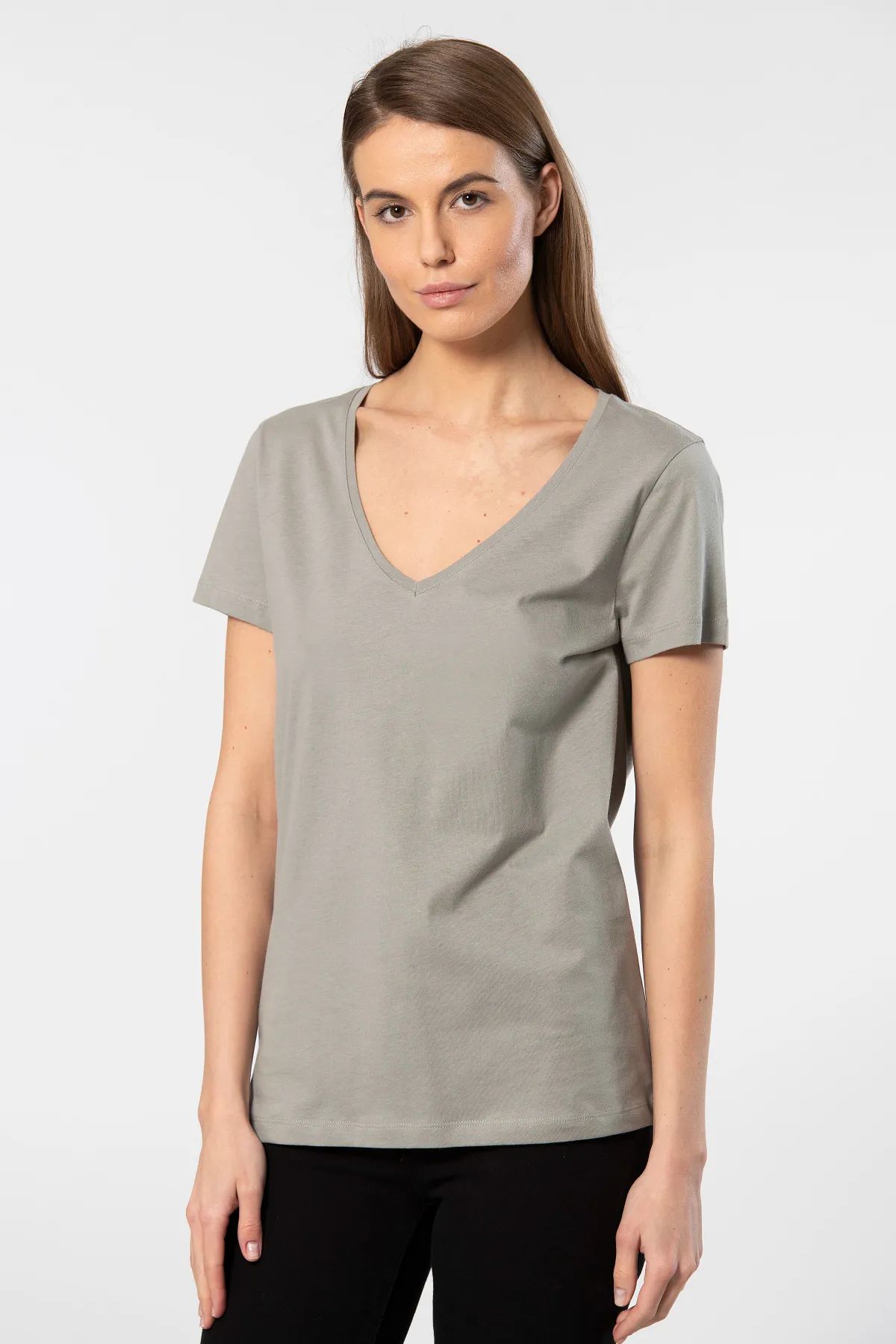 WTSHIRT MİLANO Kadın Kısa Kollu V Yaka Basic T-shirt-Gri