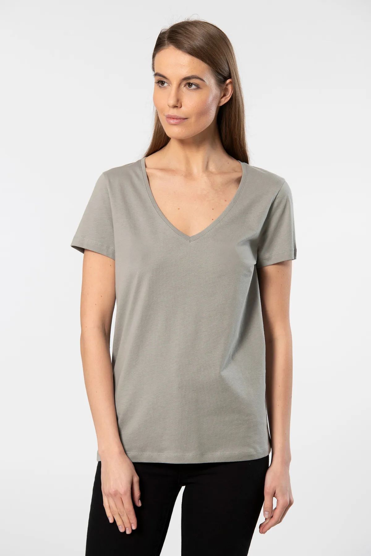 WTSHIRT MİLANO Kadın Kısa Kollu V Yaka Basic T-shirt-Gri