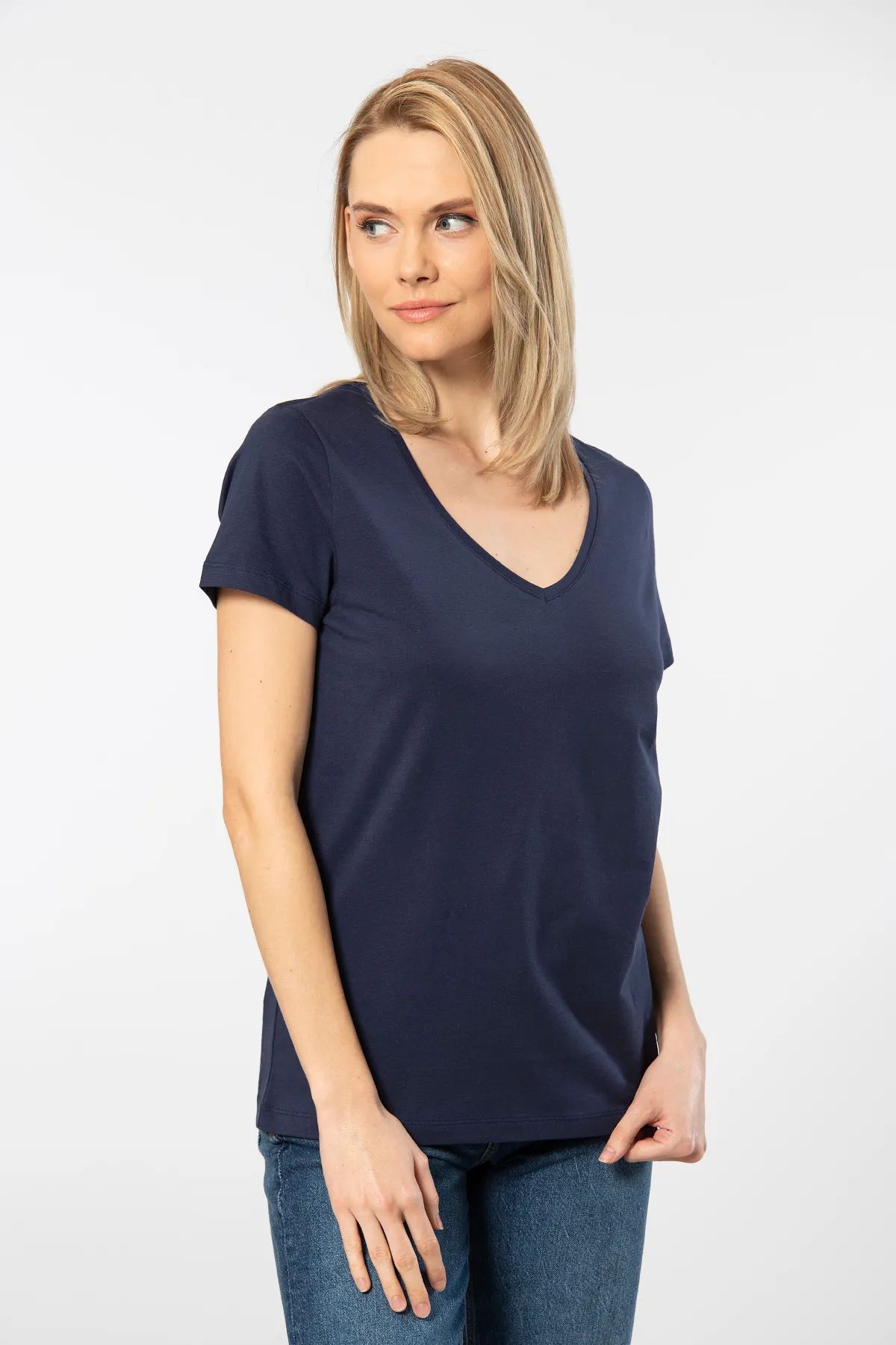 WTSHIRT MİLANO Kadın Kısa Kollu V Yaka Basic T-shirt-Lacivert