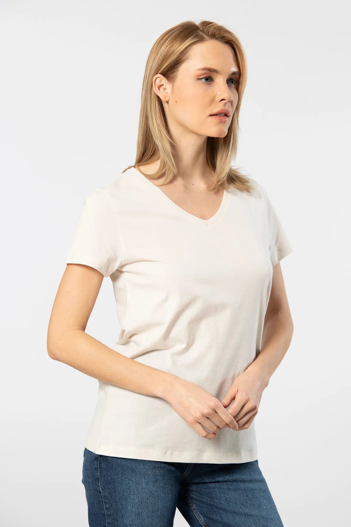 WTSHIRT VENİCE Kadın Kısa Kollu V Yaka Basic T-shirt-Bej