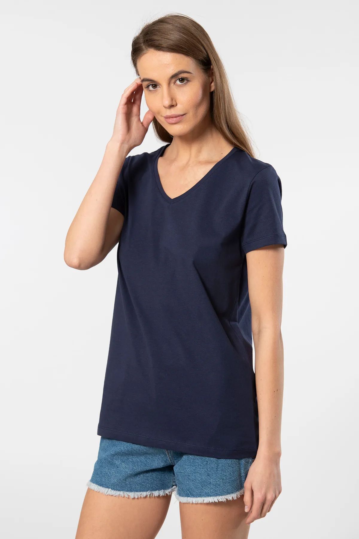 WTSHIRT VENİCE Kadın Kısa Kollu V Yaka Basic T-shirt-Lacivert