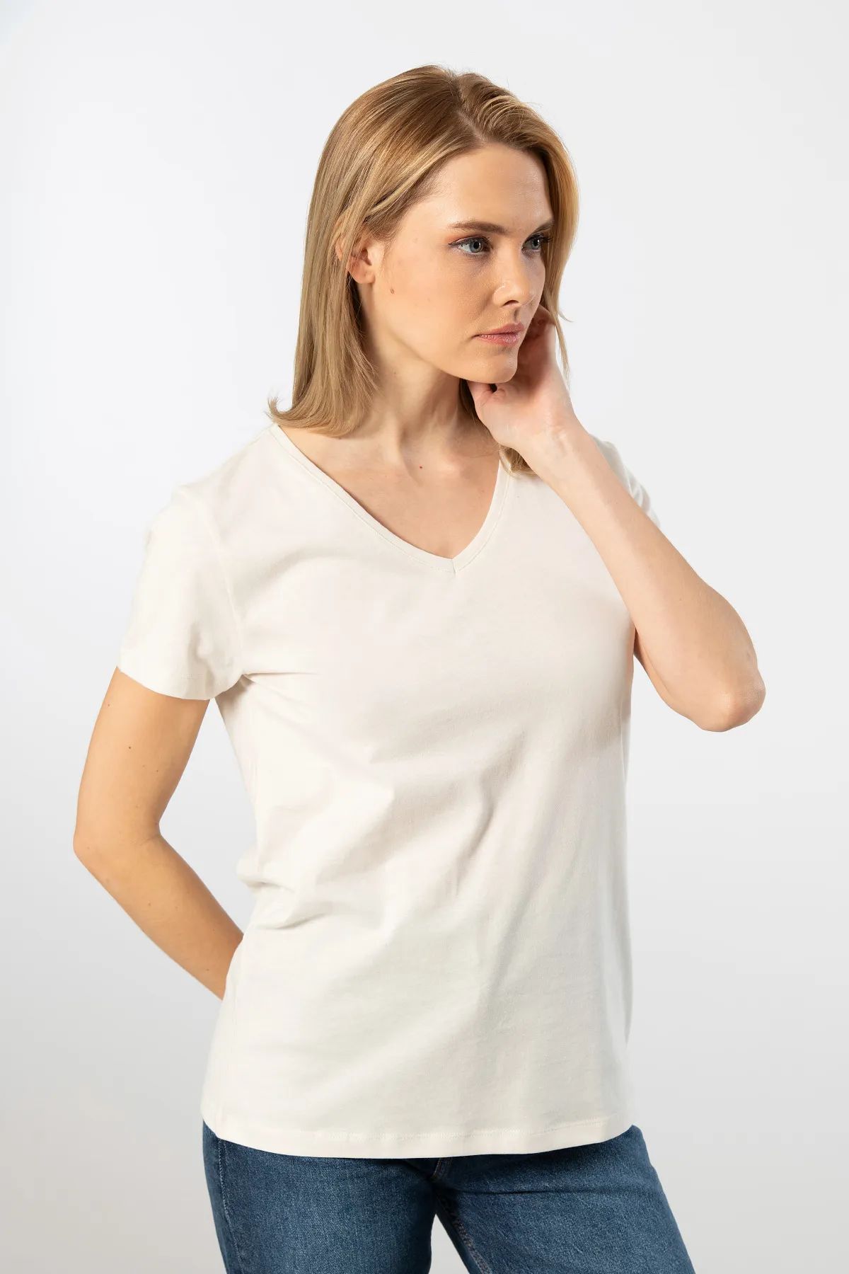 WTSHIRT VENİCE Kadın Kısa Kollu V Yaka Basic T-shirt-Bej