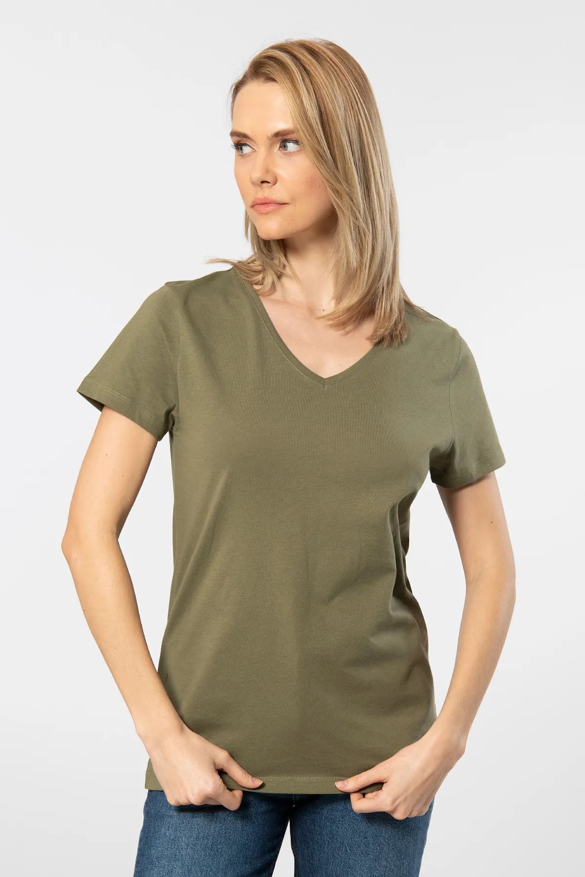 WTSHIRT VENİCE Kadın Kısa Kollu V Yaka Basic T-shirt-Haki