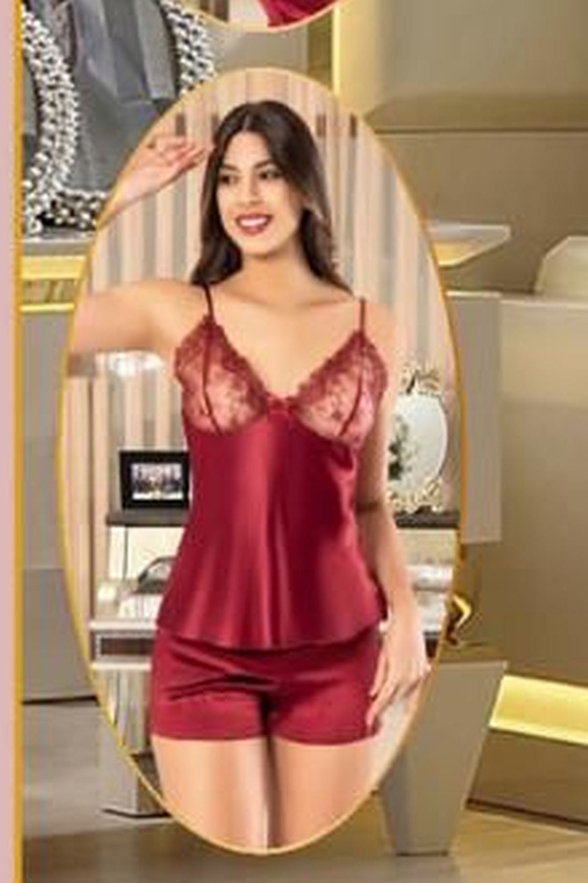 XSES 1005 Kadın Çeyizlik Saten 6lı Takım-Bordo
