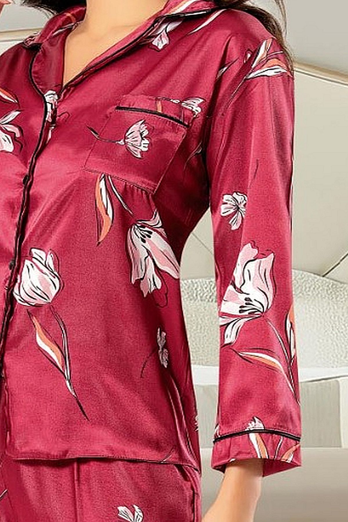 XSES 2000 Kadın Uzun Kollu Saten Empirme Pijama Takımı-Bordo