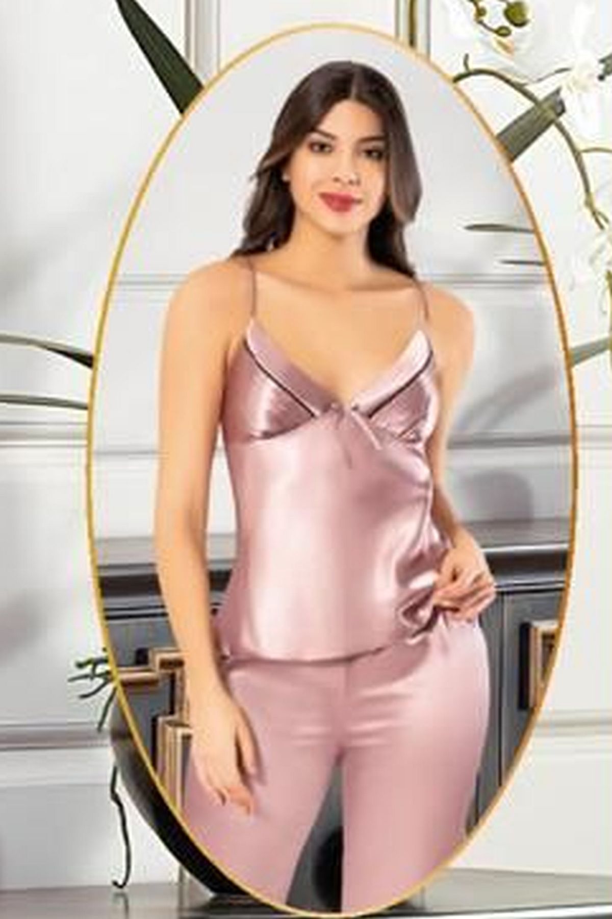 XSES 2101 Kadın Saten Sabahlıklı Pijama Takım-Vizon