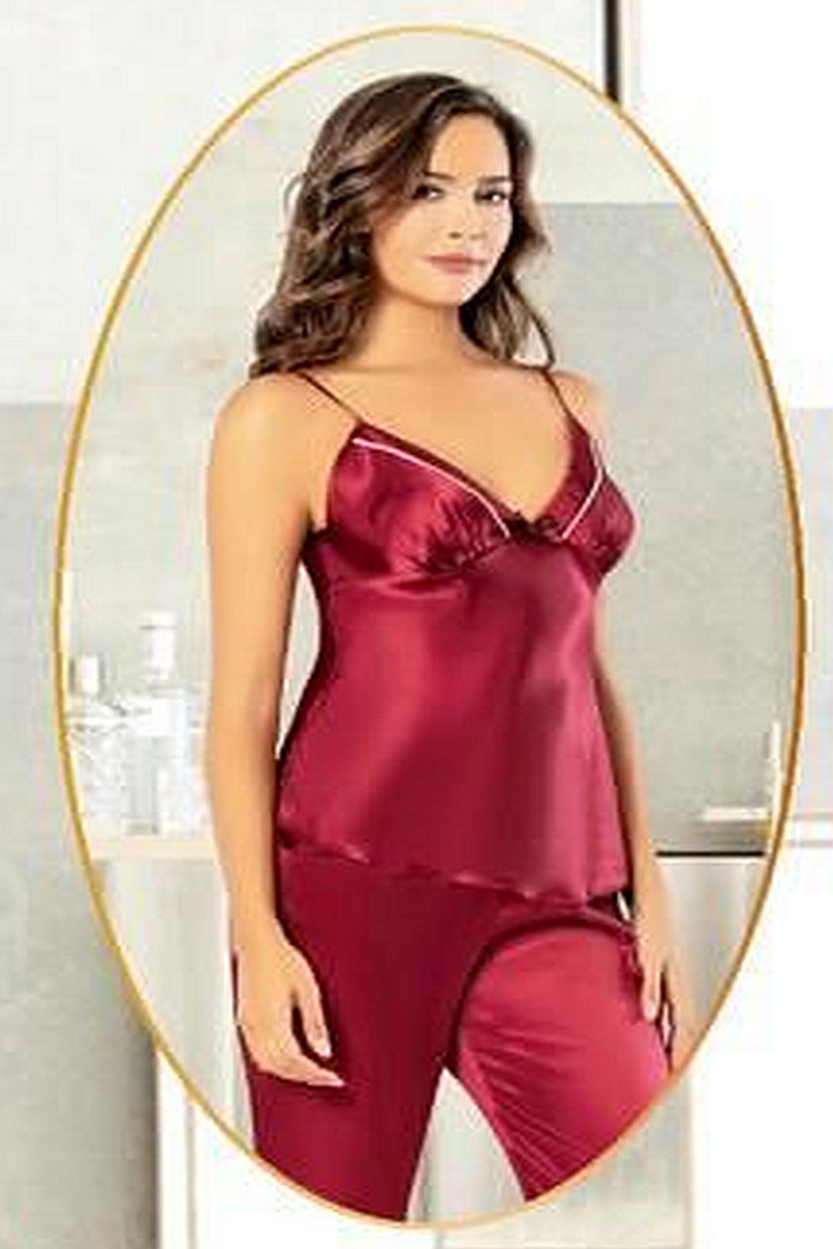 XSES 2101 Kadın Saten Sabahlıklı Pijama Takım-Bordo