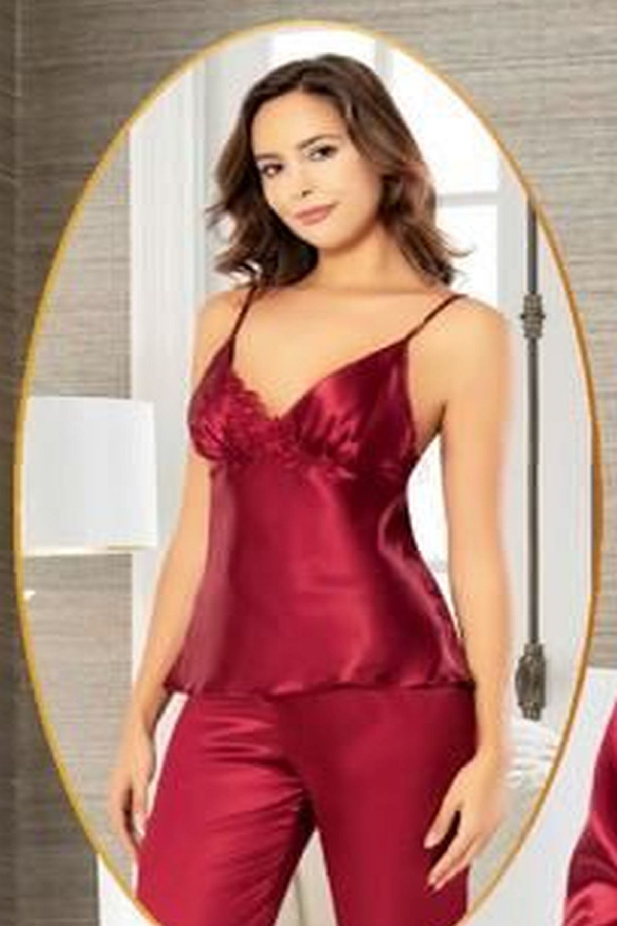 XSES 2103 Kadın Saten Sabahlıklı Pijama Takım-Bordo