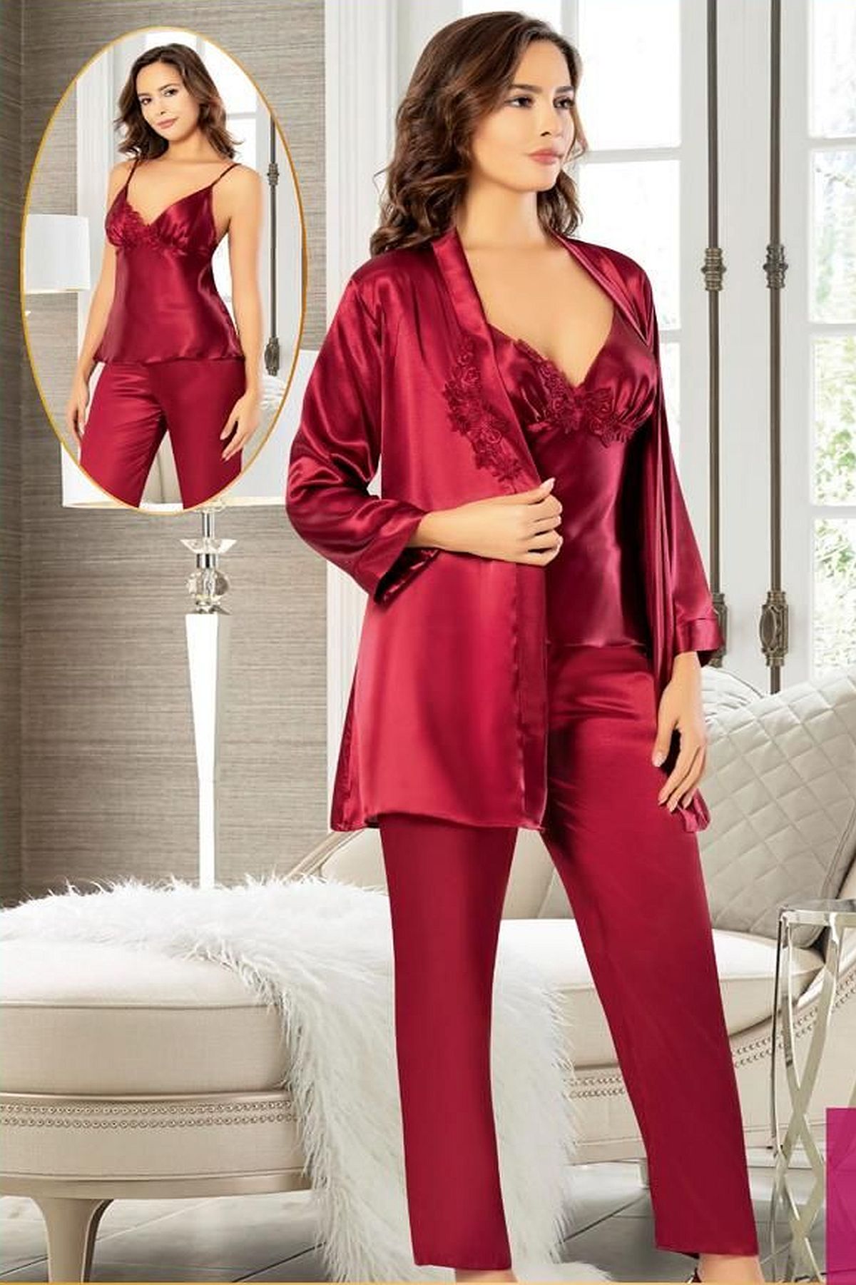 XSES 2103 Kadın Saten Sabahlıklı Pijama Takım-Bordo