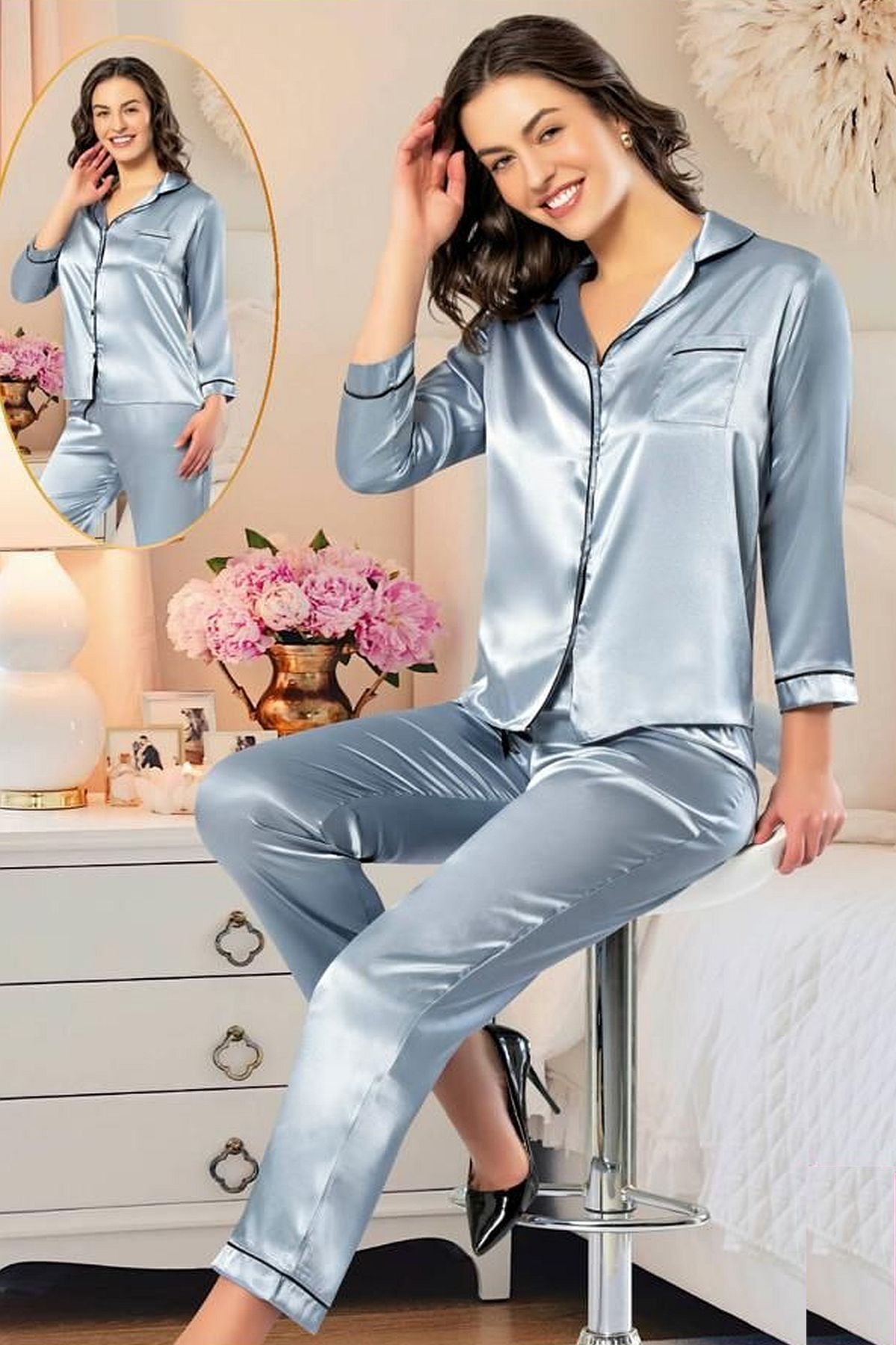 PijamalarXSES 2105 Kadın Uzun Kollu Saten Pijama Takımı-Gri | Pijamapazari.comXSES 2105 Kadın Uzun Kollu Saten Pijama Takımı-Gri