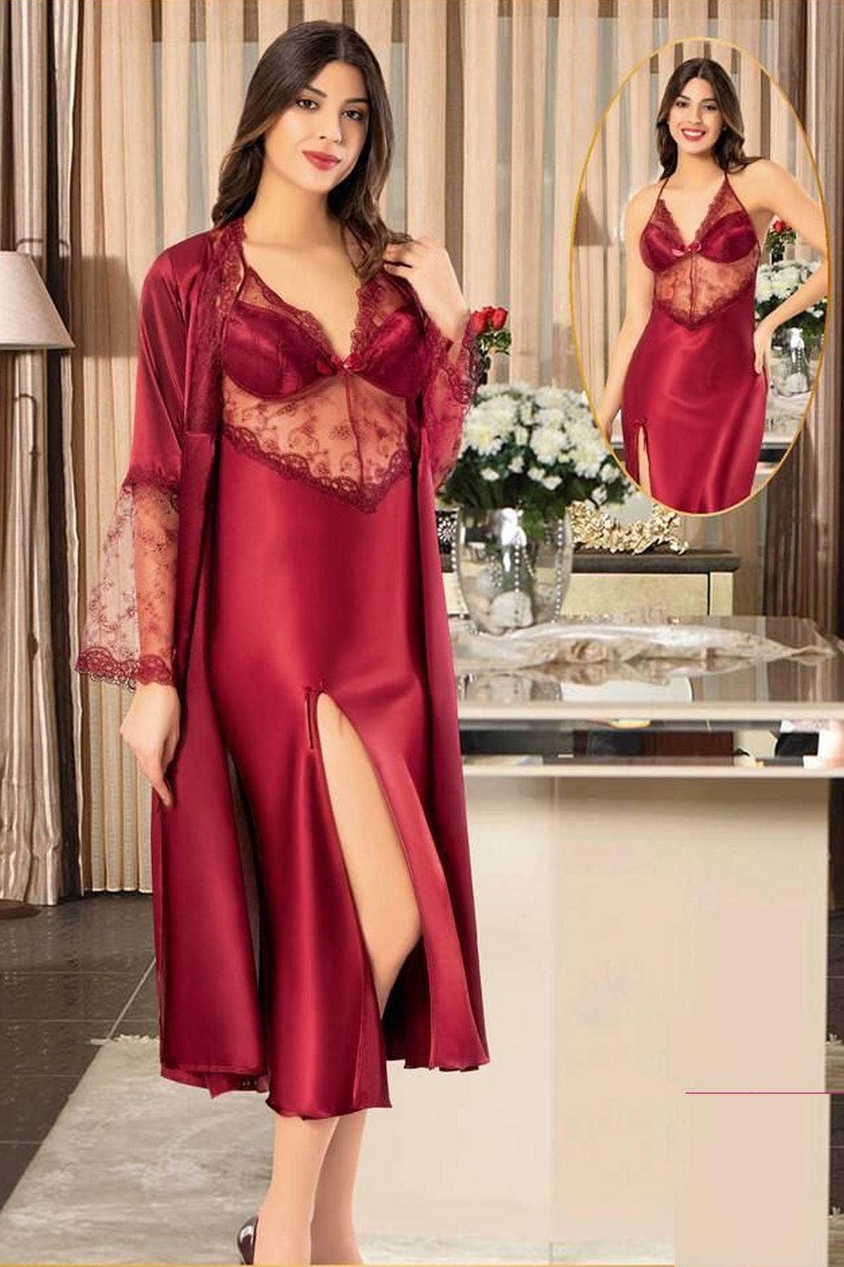 XSES 2110 Kadın Saten Sabahlıklı Gecelik Takım-Bordo