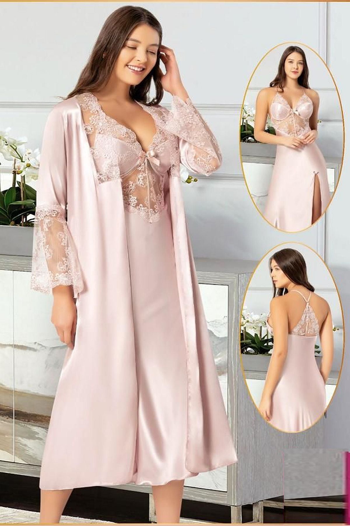 XSES 2110 Kadın Saten Sabahlıklı Gecelik Takım-Pudra