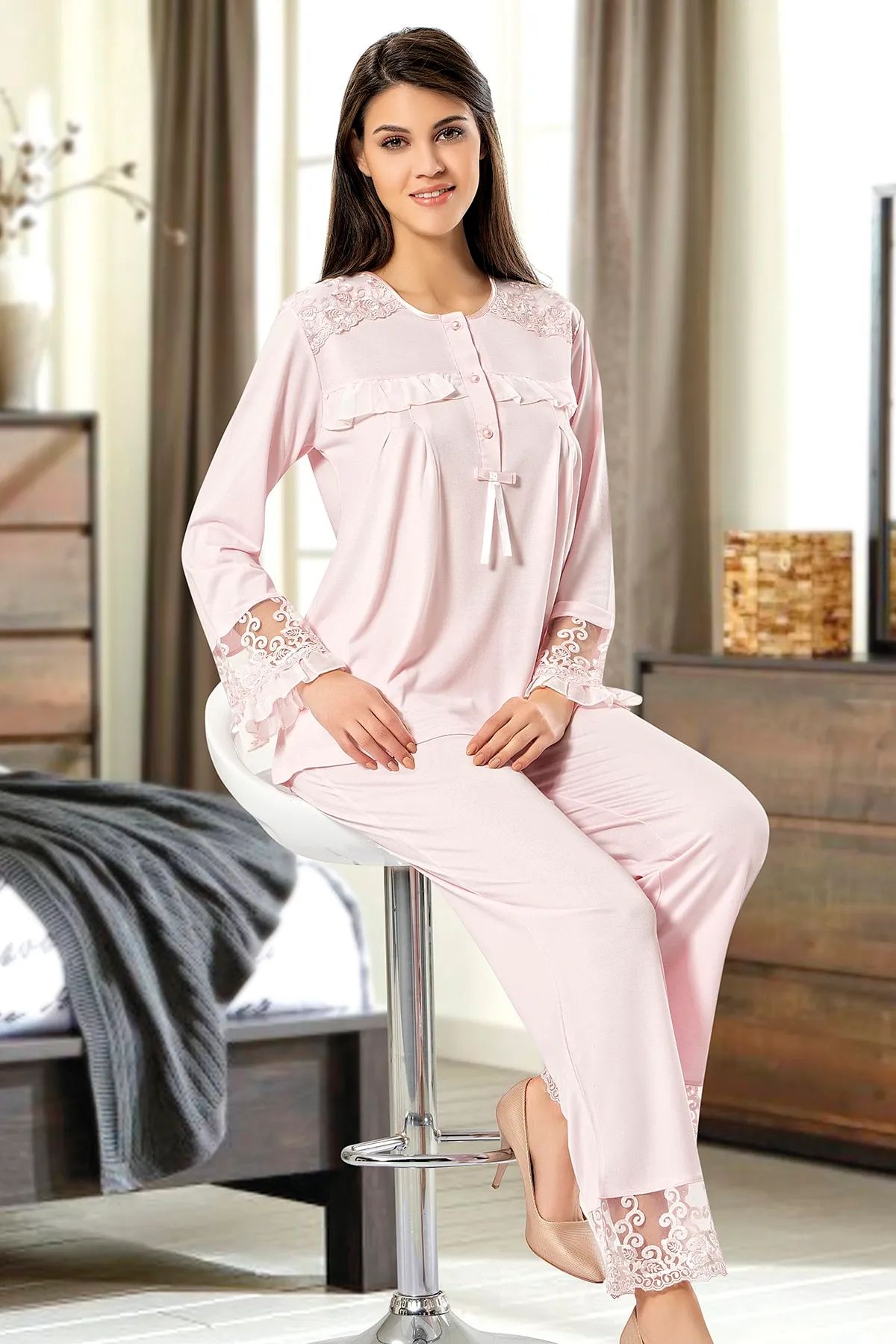 XSES 2130 Hamile Lohusa Pijama Takımı-Pudra