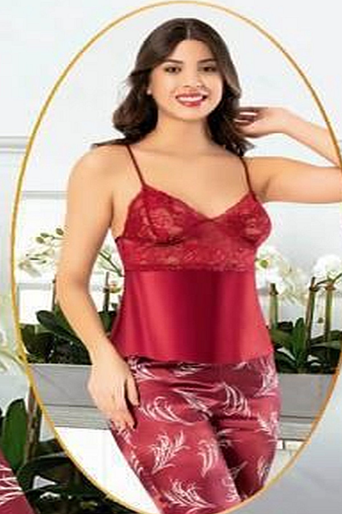 XSES 2150 Kadın Saten Empirme Sabahlıklı Pijama Takım-Bordo