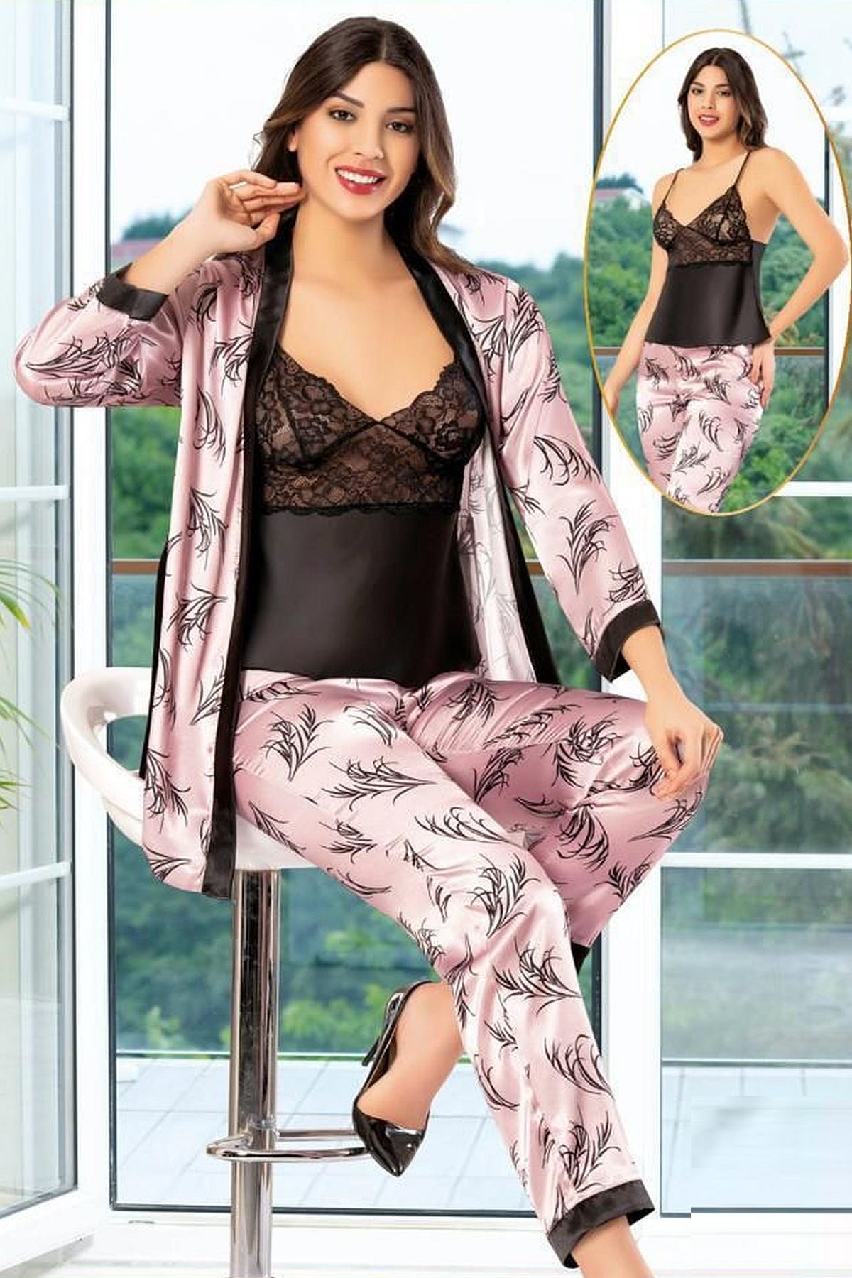 XSES 2150 Kadın Saten Empirme Sabahlıklı Pijama Takım-Pembe