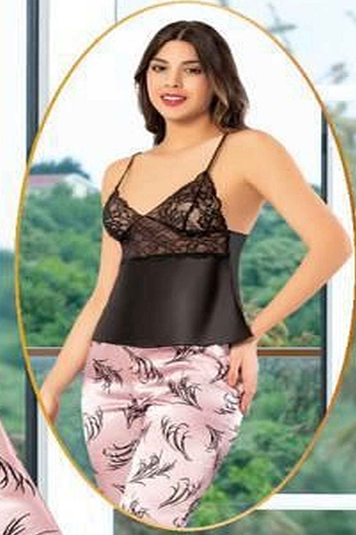 XSES 2150 Kadın Saten Empirme Sabahlıklı Pijama Takım-Pembe