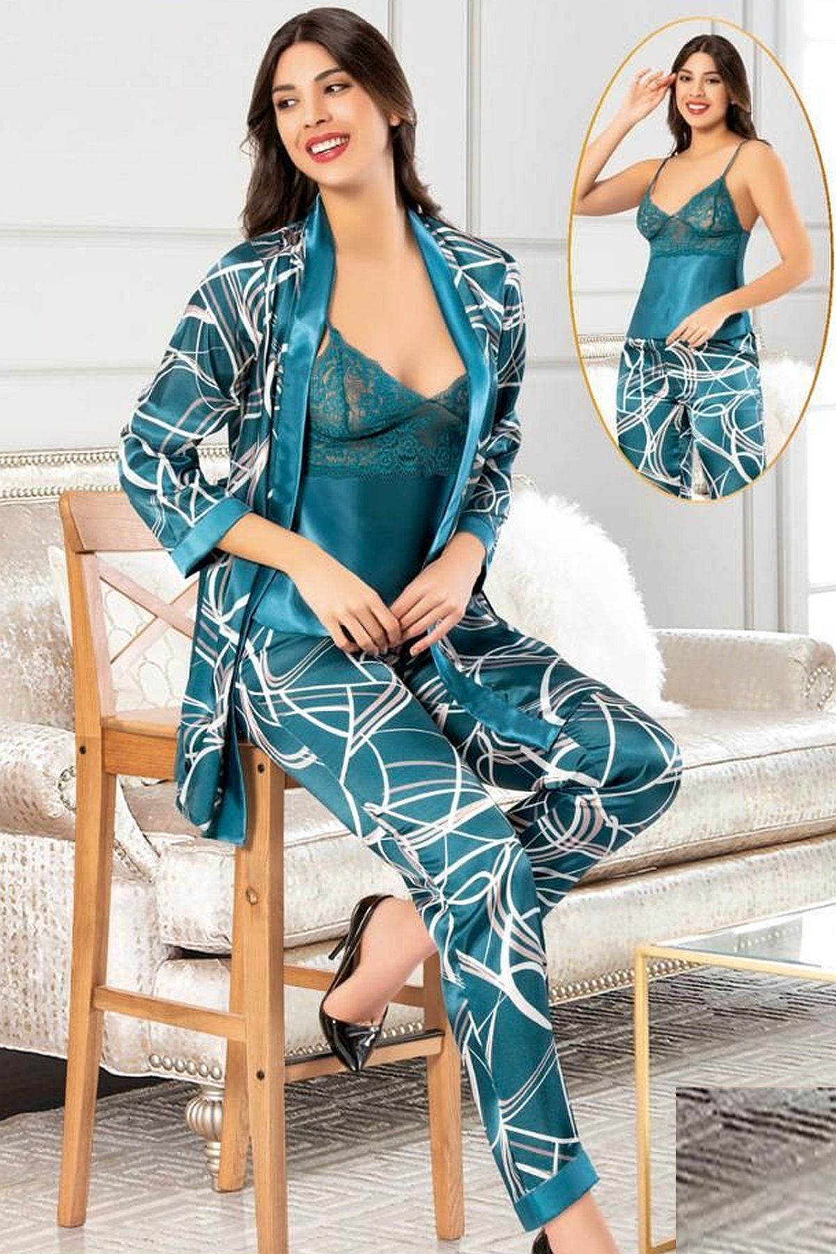 XSES 2151 Kadın Saten Empirme Sabahlıklı Pijama Takım-Petrol