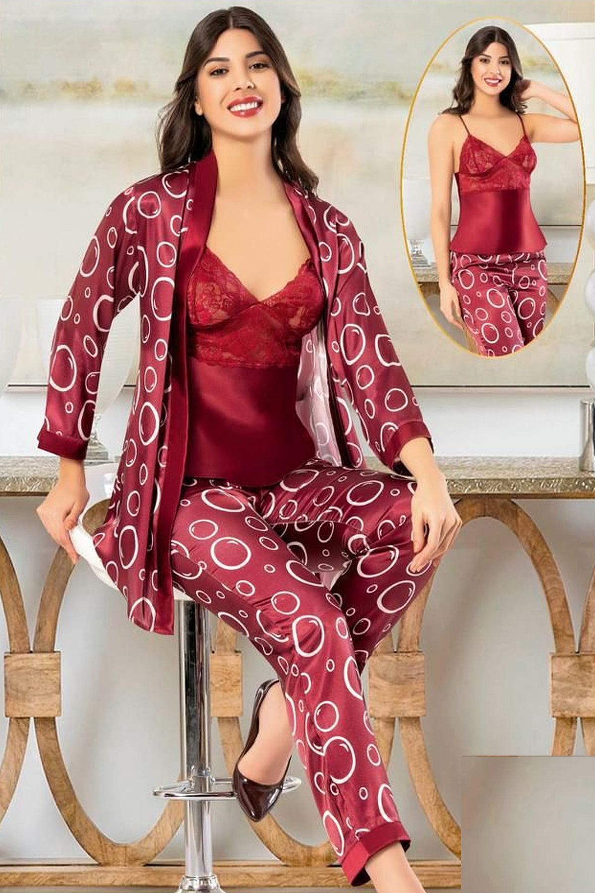 Sabahlıklı Pijama TakımlarXSES 2152 Kadın Saten Empirme Sabahlıklı Pijama Takım-Bordo | Pijamapazari.comXSES 2152 Kadın Saten Empirme Sabahlıklı Pijama Takım-Bordo