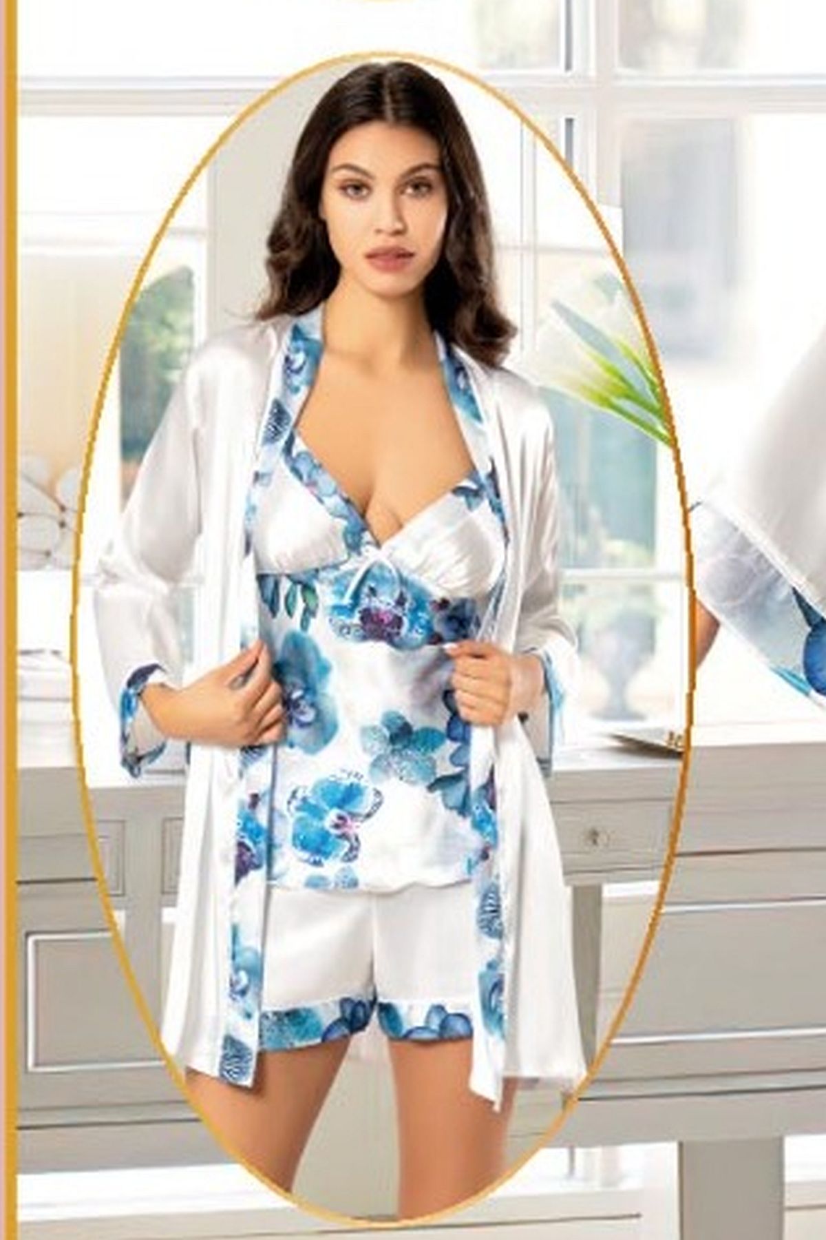 XSES 2155 Kadın Saten Empirme Sabahlıklı 4lü Pijama Takım-Mavi