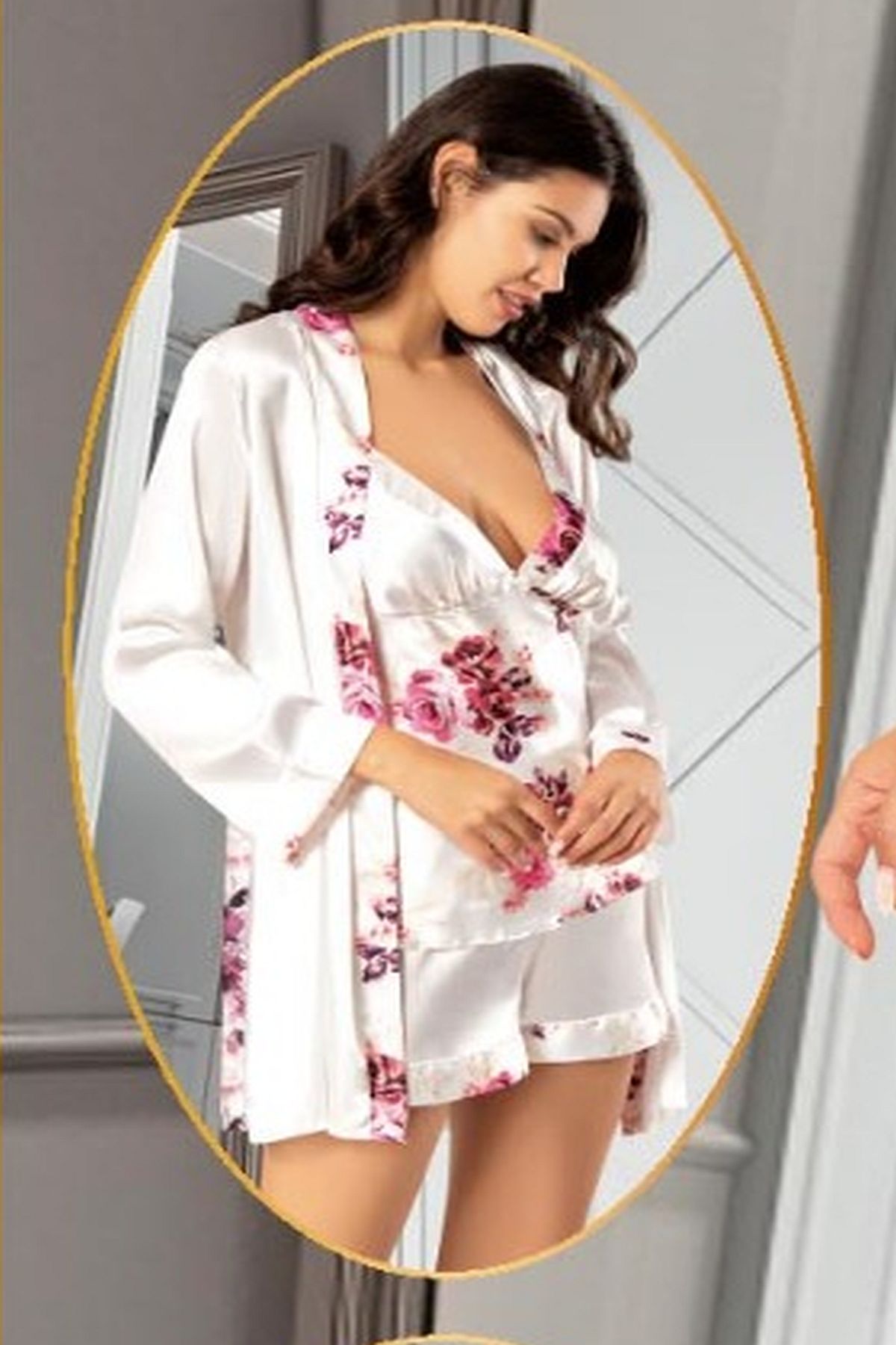 XSES 2155 Kadın Saten Empirme Sabahlıklı 4lü Pijama Takım-Gülkurusu