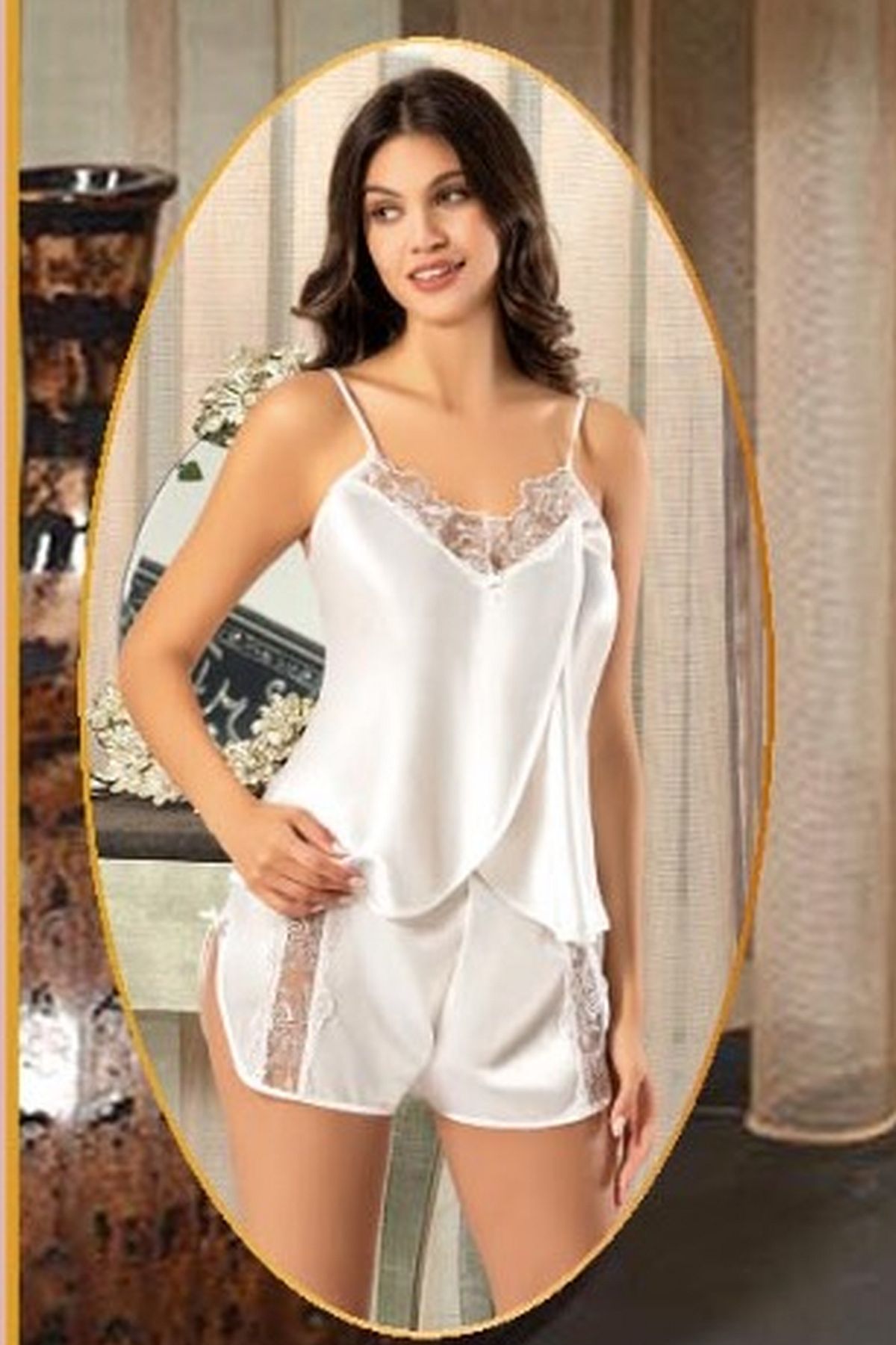 XSES 2165 Kadın Saten Empirme Sabahlıklı 4lü Pijama Takım-Ekru