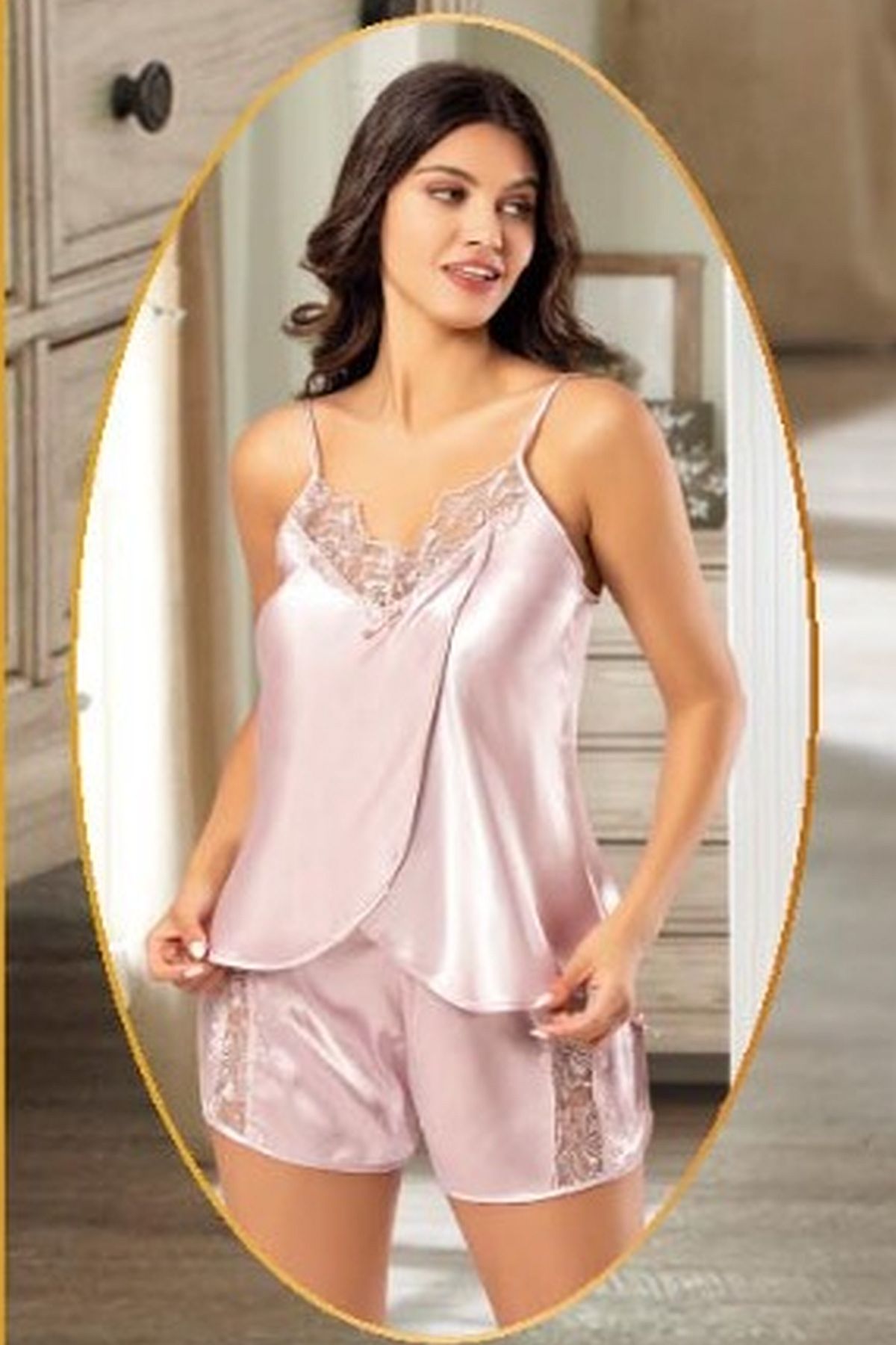 XSES 2165 Kadın Saten Empirme Sabahlıklı 4lü Pijama Takım-Pudra