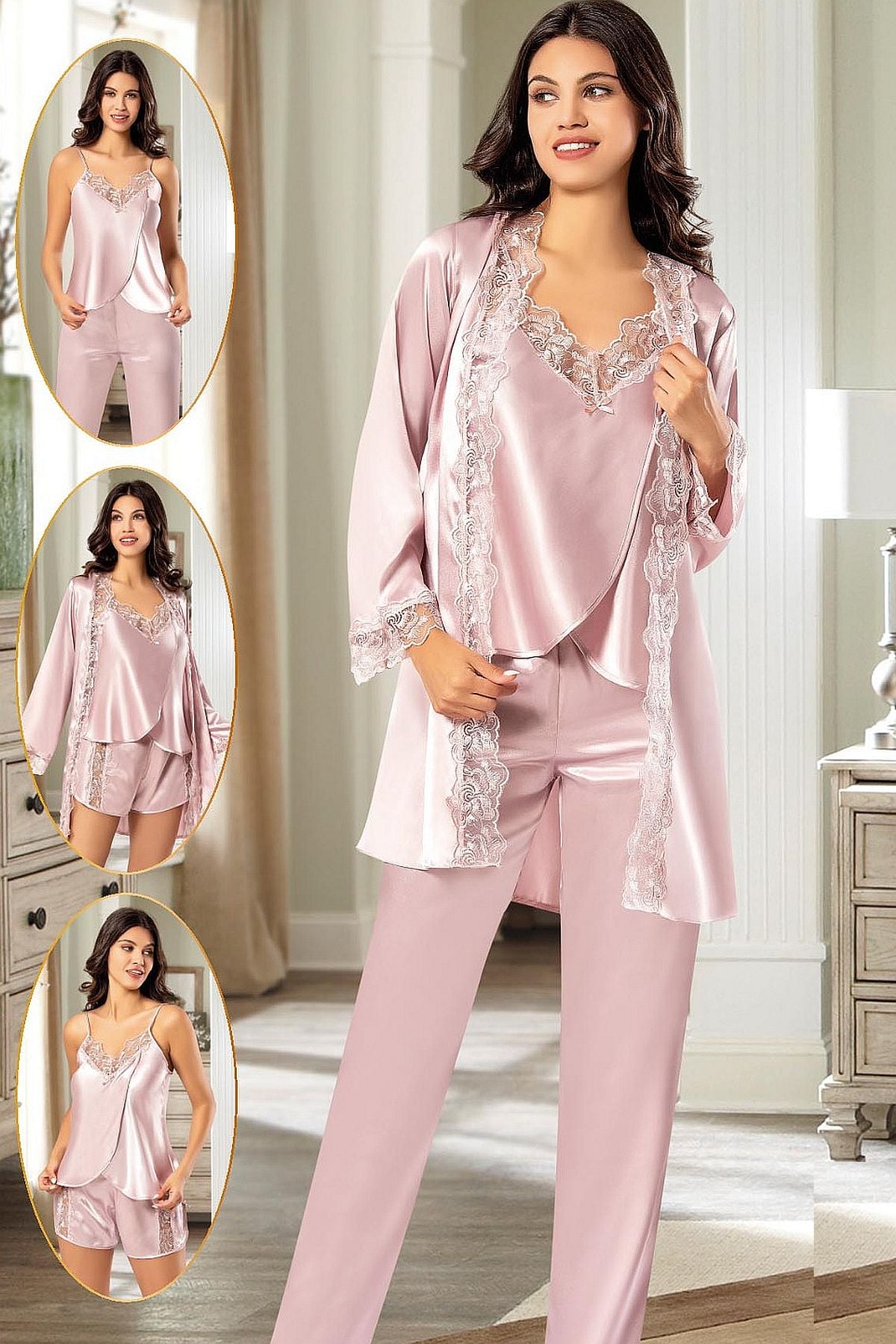 XSES 2165 Kadın Saten Empirme Sabahlıklı 4lü Pijama Takım-Pudra