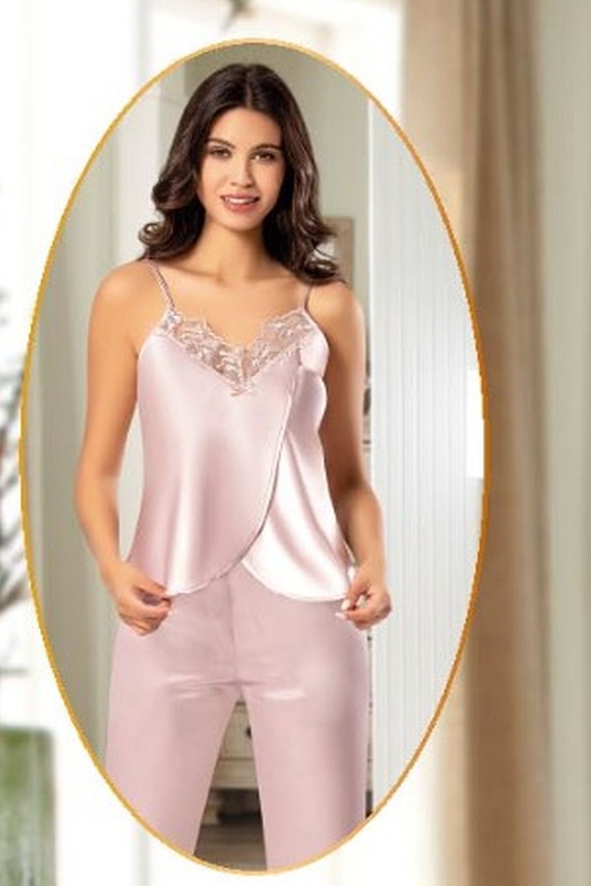 XSES 2165 Kadın Saten Empirme Sabahlıklı 4lü Pijama Takım-Pudra