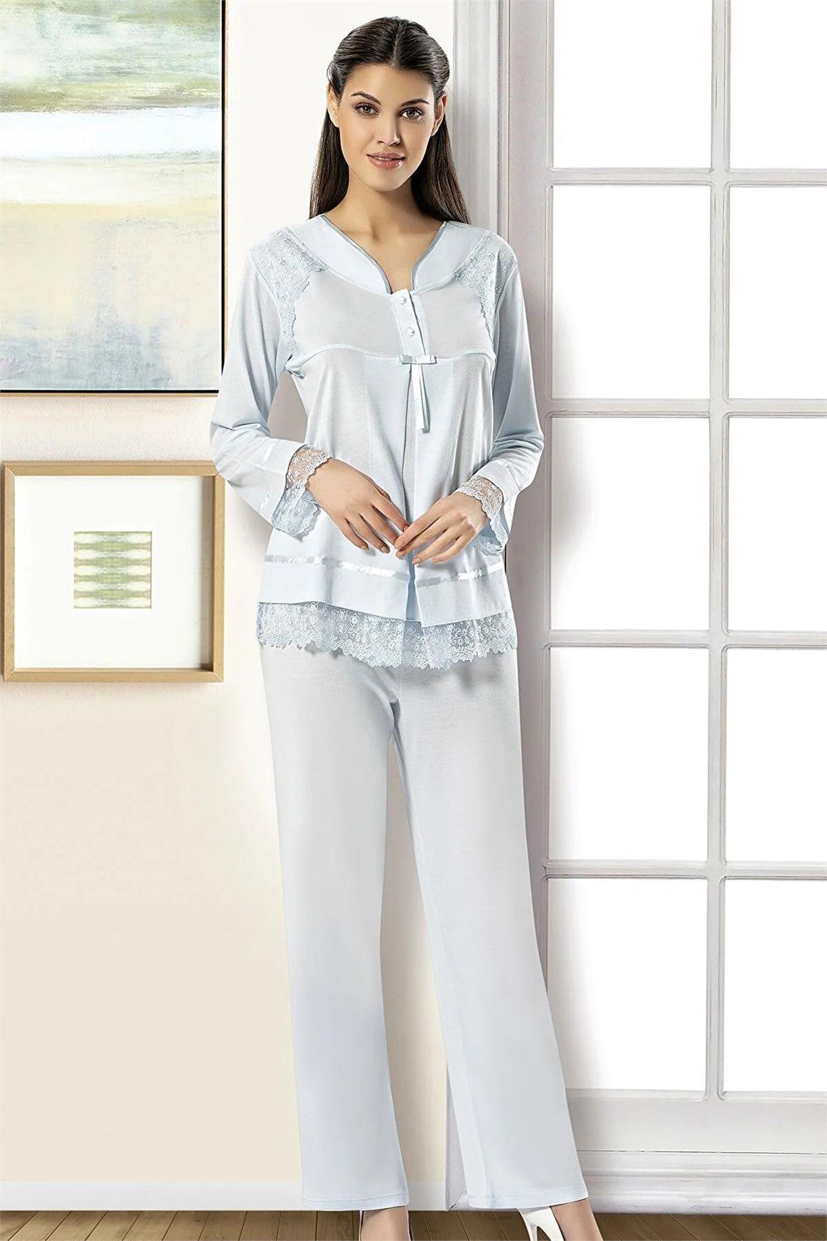 XSES 2180 Kadın Uzun Kolu Hamile Lohusa Pijama Takımı-Mavi