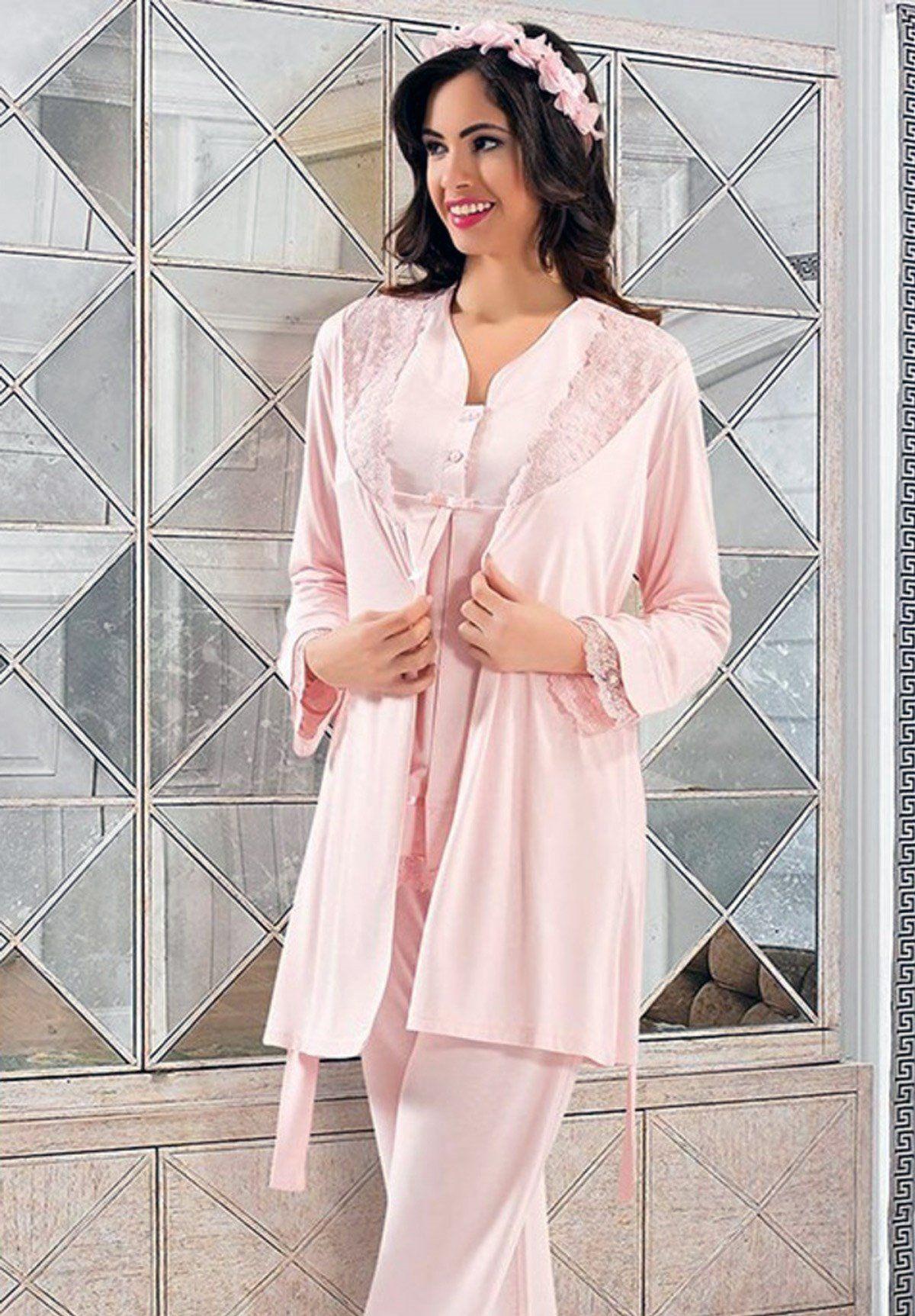 XSES 2190 Kadın Hamile Lohusa Sabahlıklı Pijama Takım-Pudra