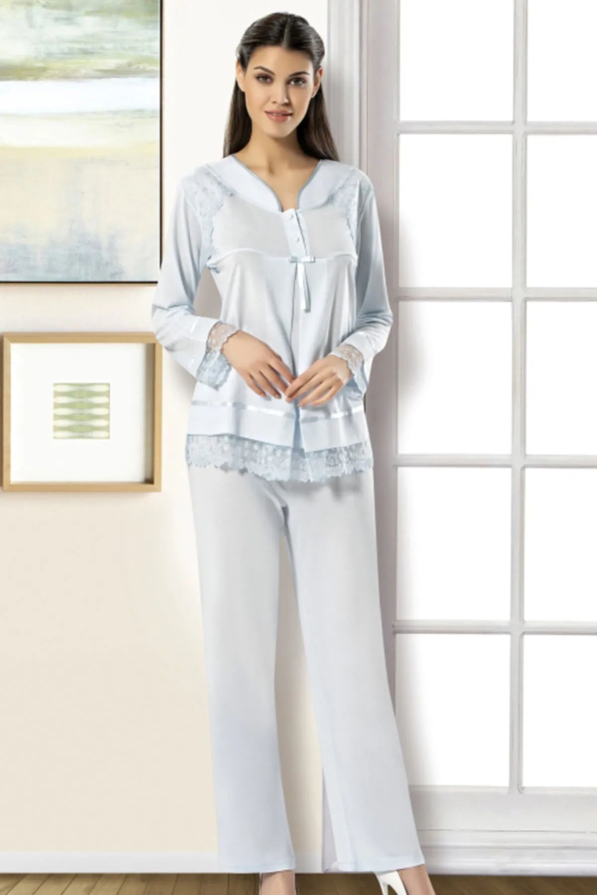 XSES 2190 Kadın Hamile Lohusa Sabahlıklı Pijama Takım-Mavi