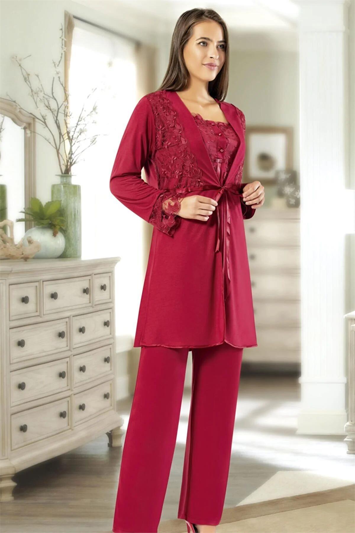 XSES 2195 Kadın Hamile Lohusa Sabahlıklı Pijama Takım-Bordo