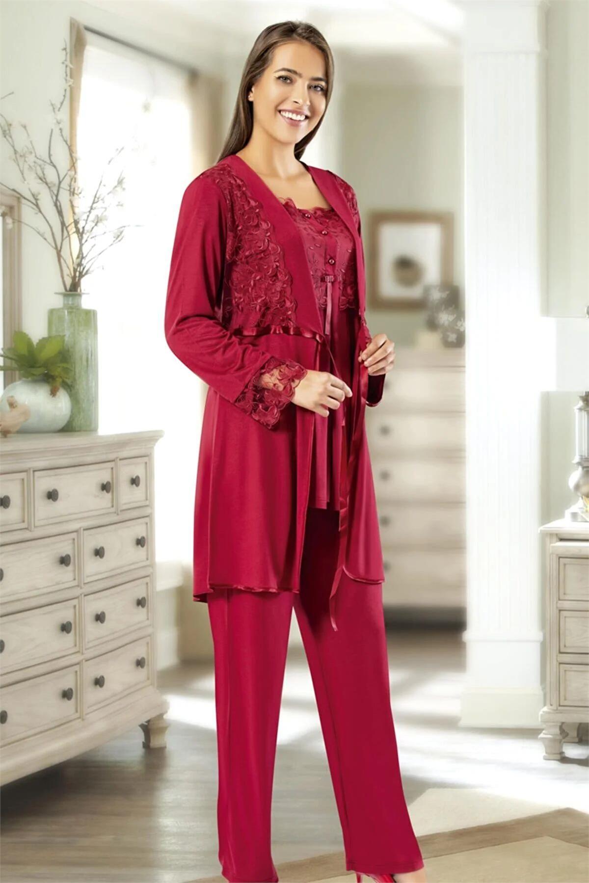 XSES 2195 Kadın Hamile Lohusa Sabahlıklı Pijama Takım-Bordo