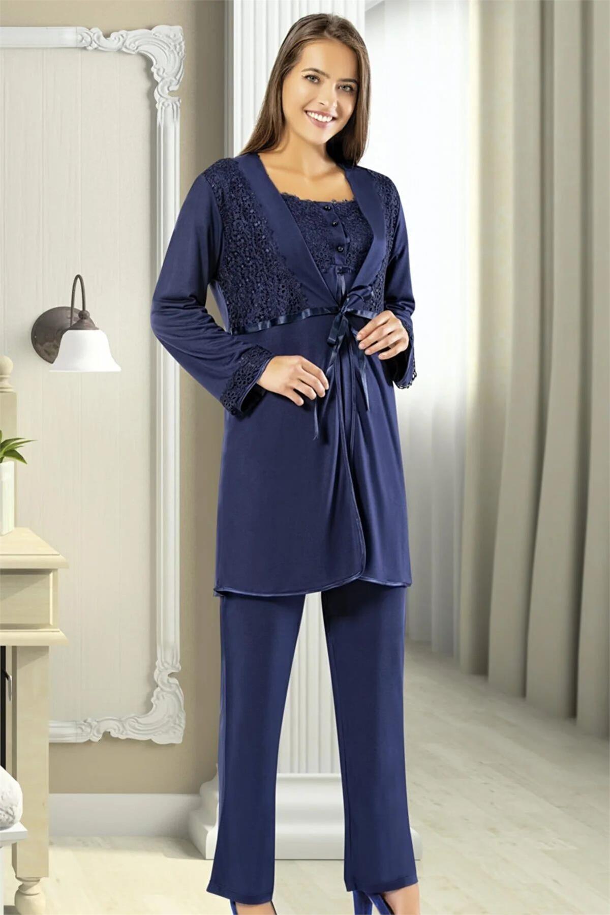 XSES 2195 Kadın Hamile Lohusa Sabahlıklı Pijama Takım-Lacivert